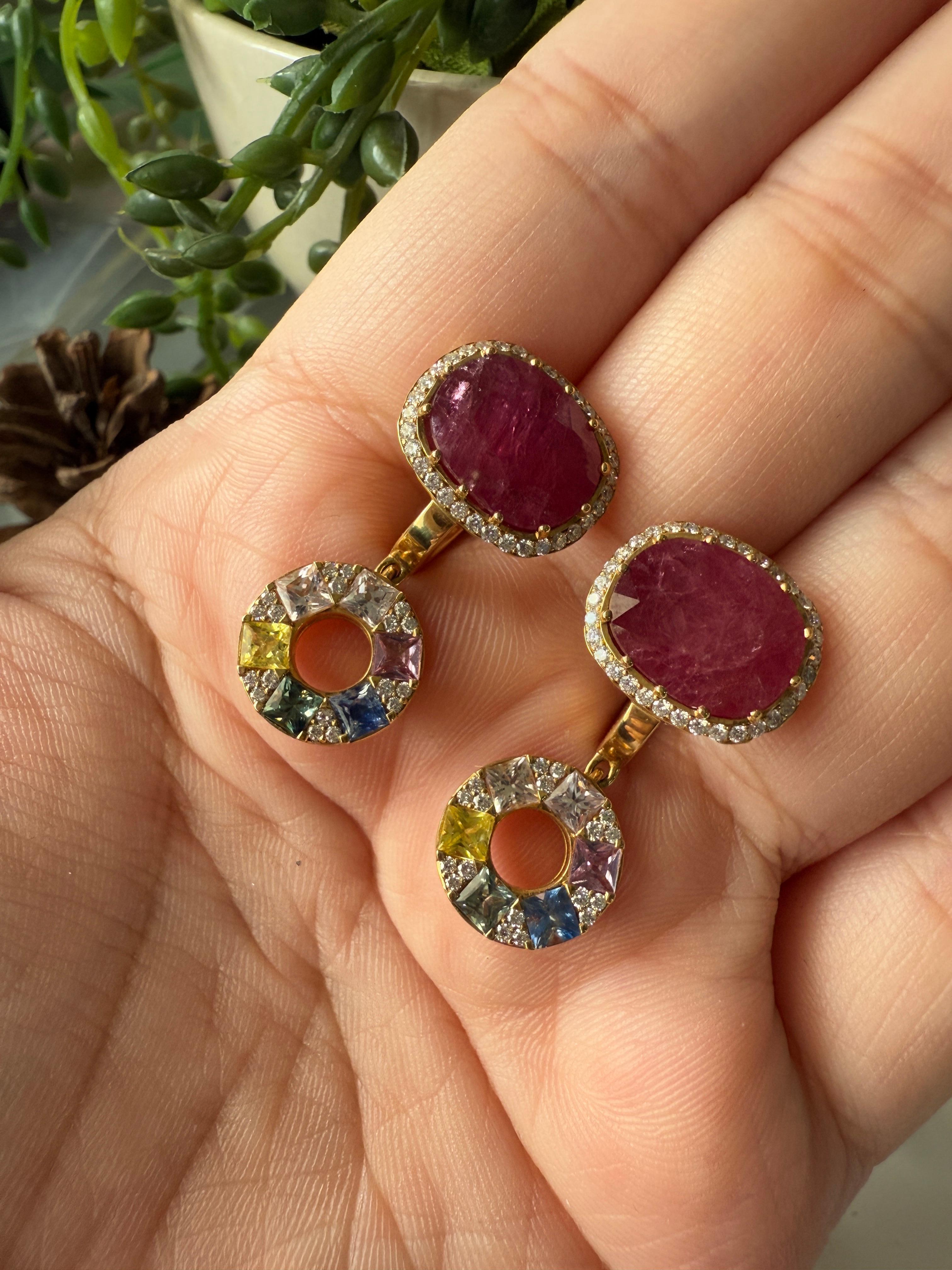 Princess Cut Multi Colour Sapphires, White Diamonds, Oval Rubies in 18K Gold For Sale 2