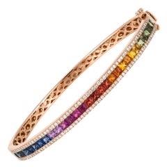 Princess Cut Multi Sapphire Diamond Bangle Bracelet for Her 18K Rose Gold