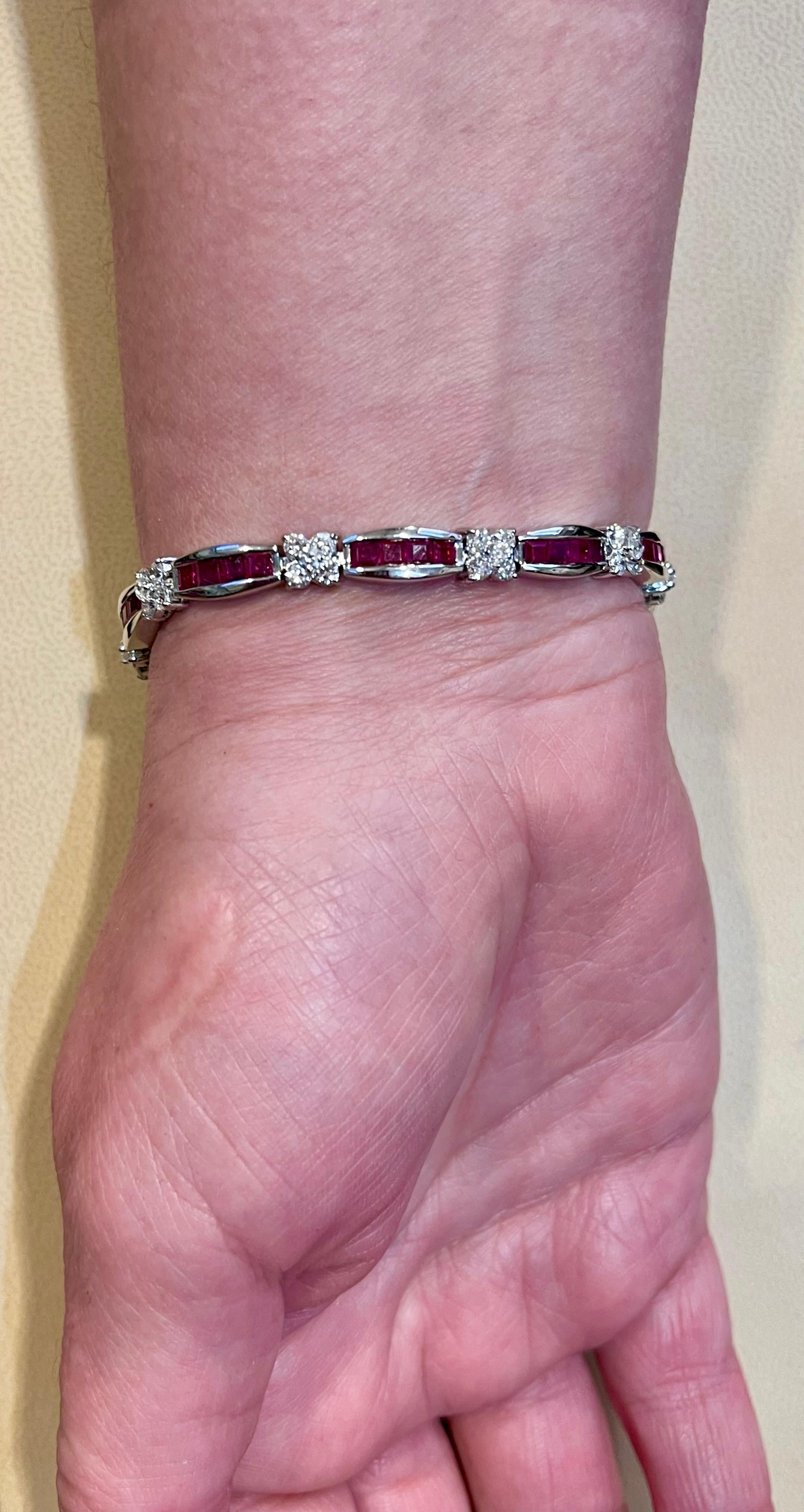Princess Cut Natural Ruby and 2.5 Carat Diamond Flower Bracelet in 18 Karat Gold 11