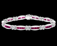 Princess Cut Natural Ruby and 2.5 Carat Diamond Flower Bracelet in 18 Karat Gold