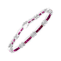 Princess Cut Natural Ruby and 2.5 Carat Diamond Flower Bracelet in 18 Karat Gold