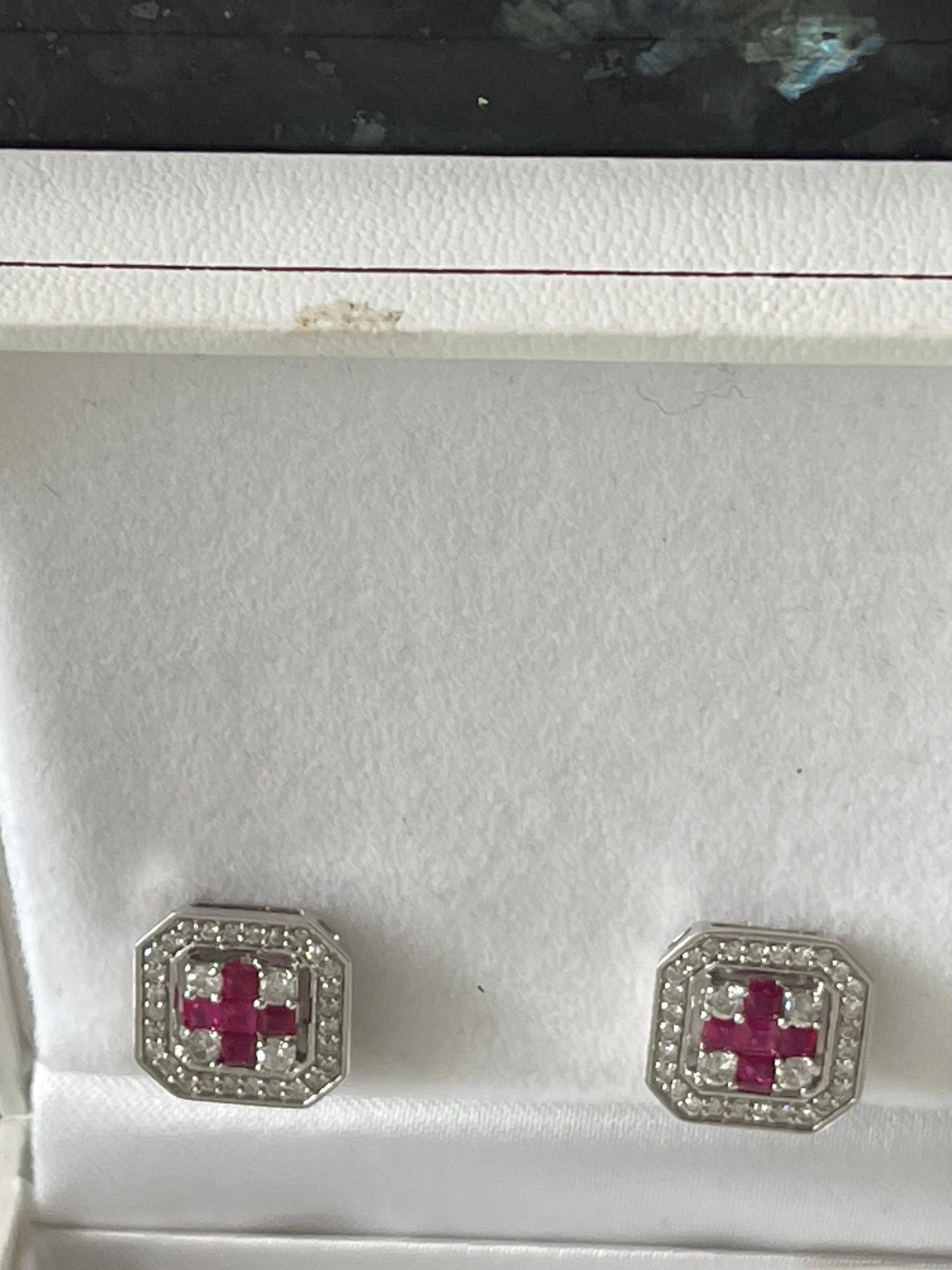 Princess Cut Natural Ruby and Diamond Stud Post Earrings 14 Karat White Gold For Sale 7