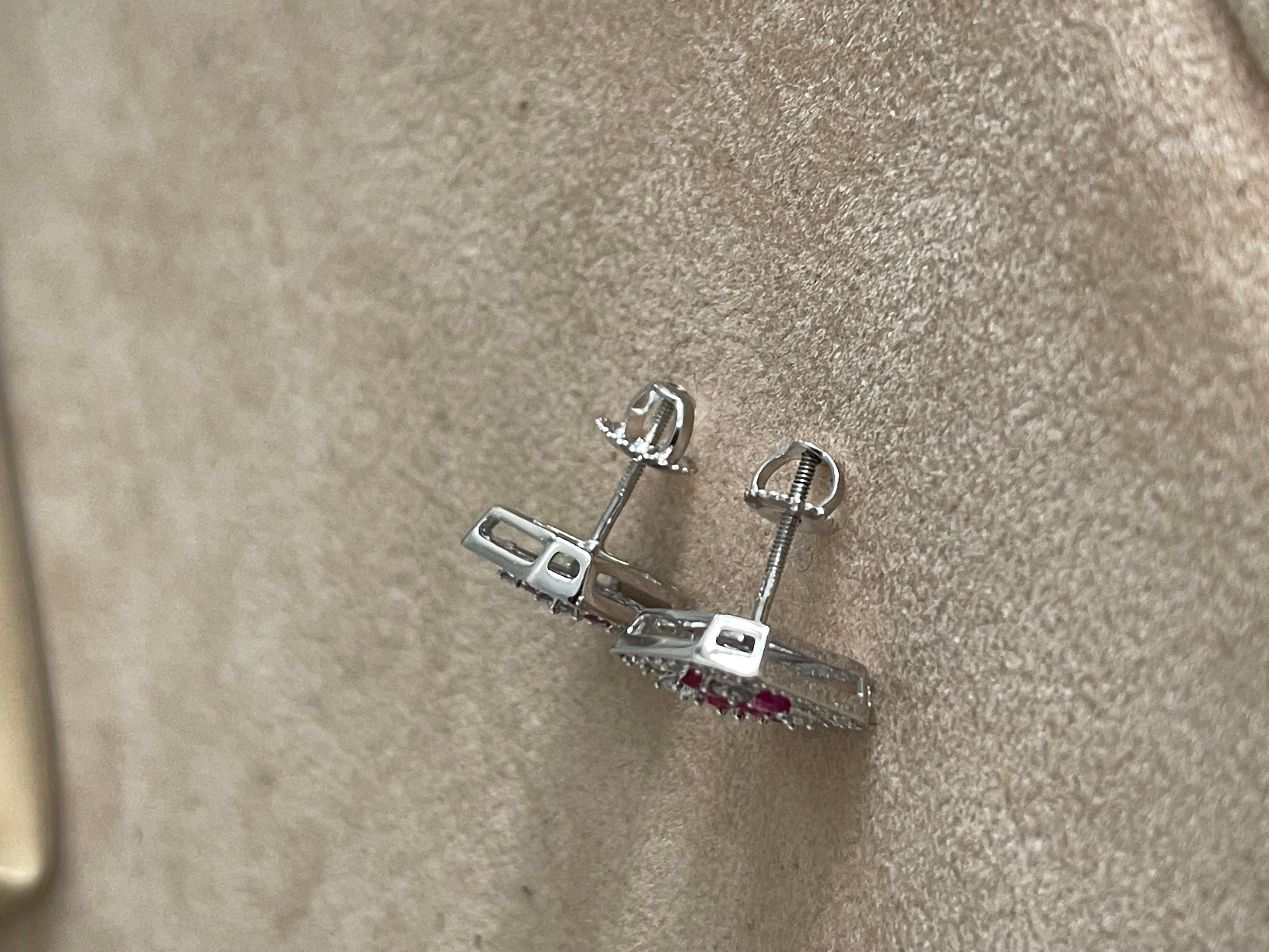 Princess Cut Natural Ruby and Diamond Stud Post Earrings 14 Karat White Gold For Sale 8