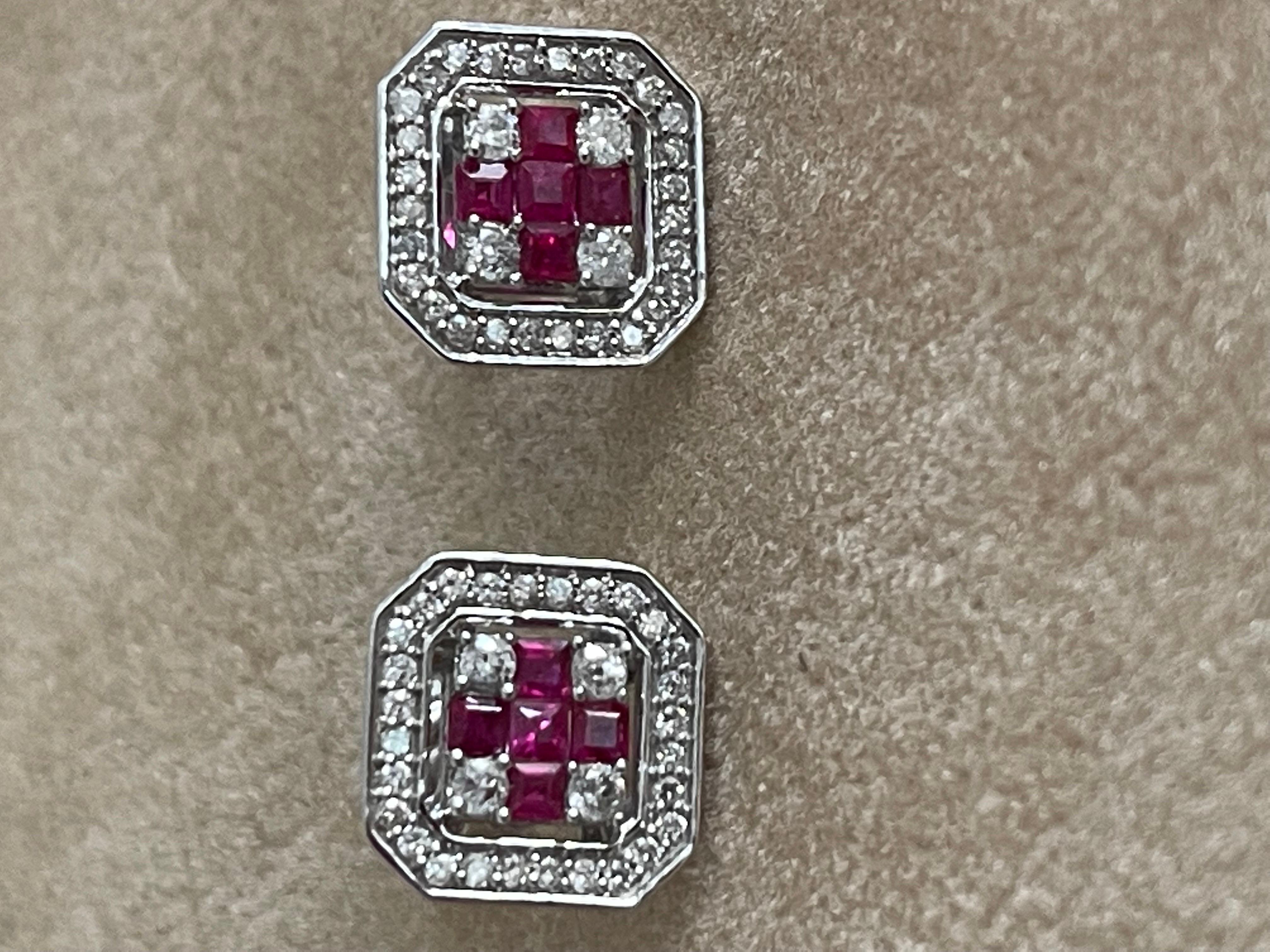 Princess Cut Natural Ruby and Diamond Stud Post Earrings 14 Karat White Gold In New Condition For Sale In New York, NY