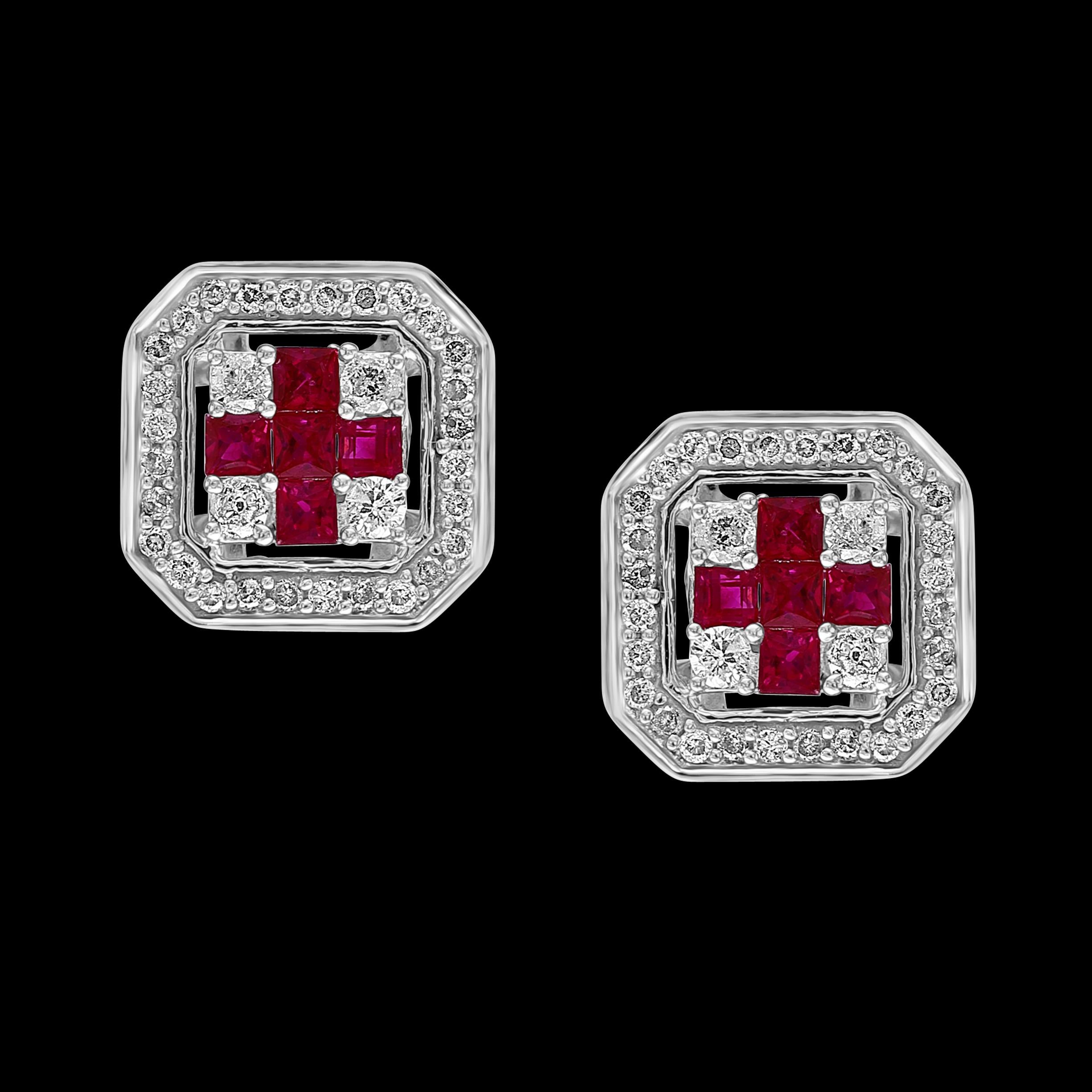 Princess Cut Natural Ruby and Diamond Stud Post Earrings 14 Karat White Gold
This luxurious pair of ruby earrings is designed in 14K White  gold. The Princess cut , Invisibly set  red Rubies are surrounded by a dazzling round diamonds.
Natural Ruby