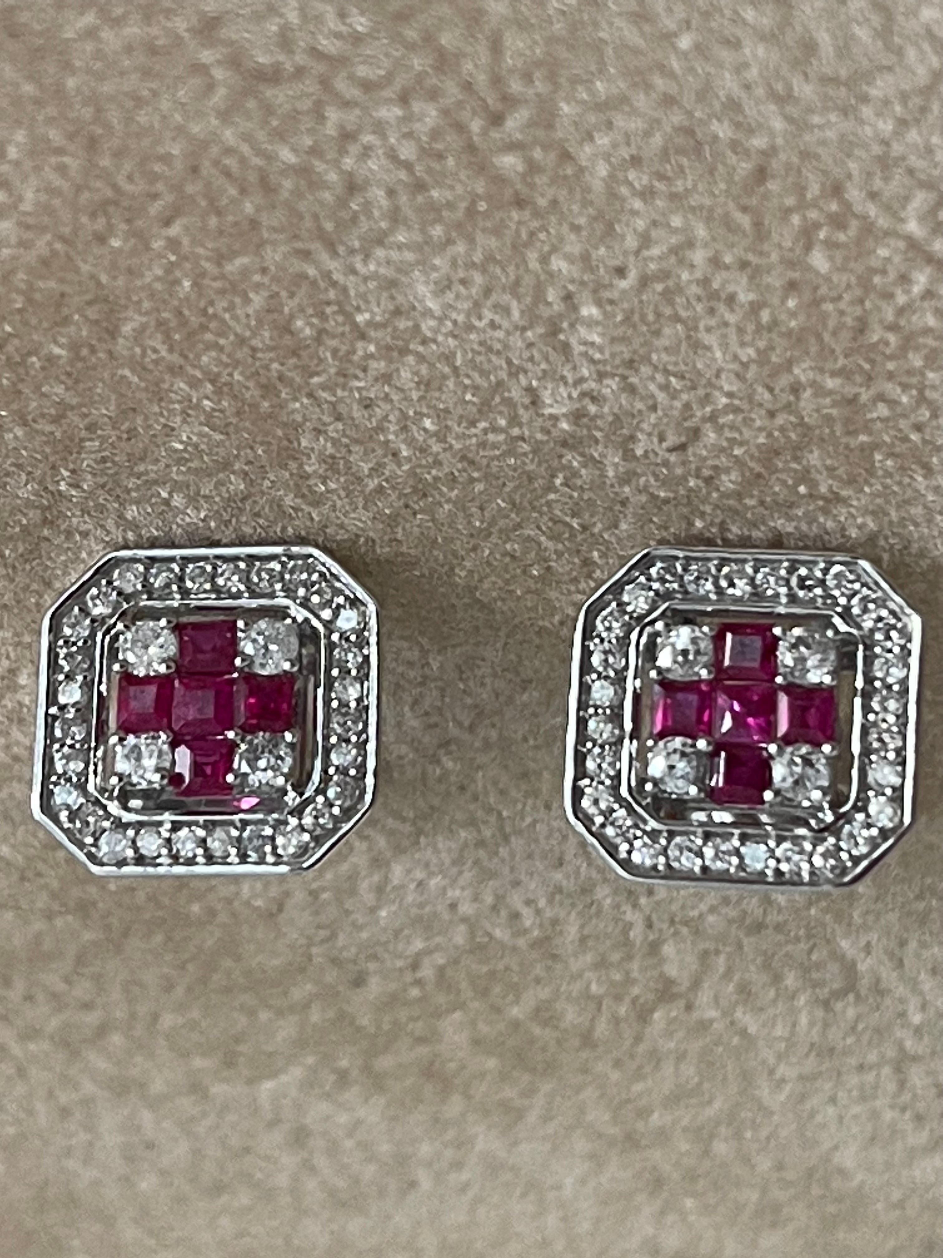 Princess Cut Natural Ruby and Diamond Stud Post Earrings 14 Karat White Gold For Sale 3