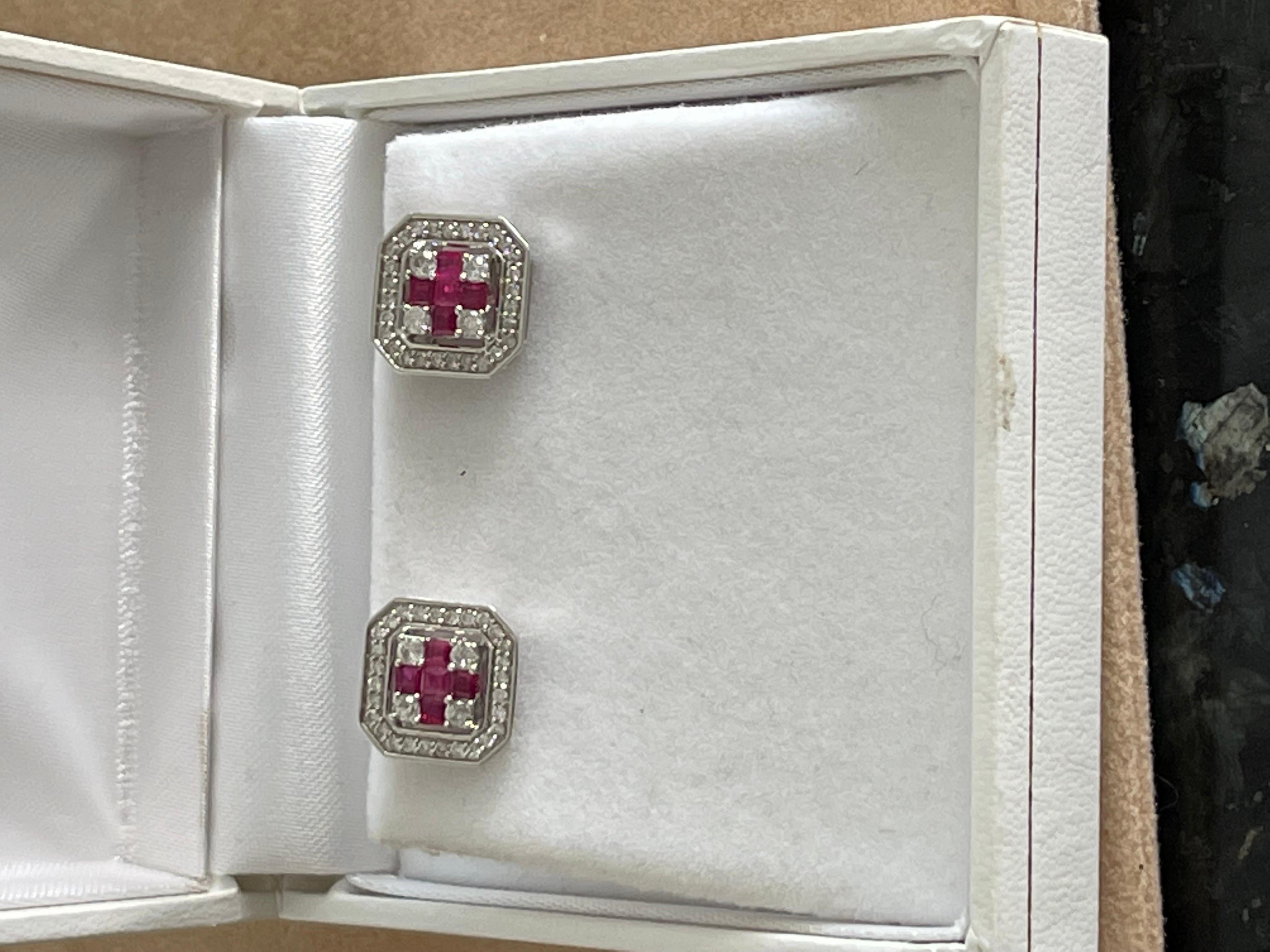 Princess Cut Natural Ruby and Diamond Stud Post Earrings 14 Karat White Gold For Sale 5