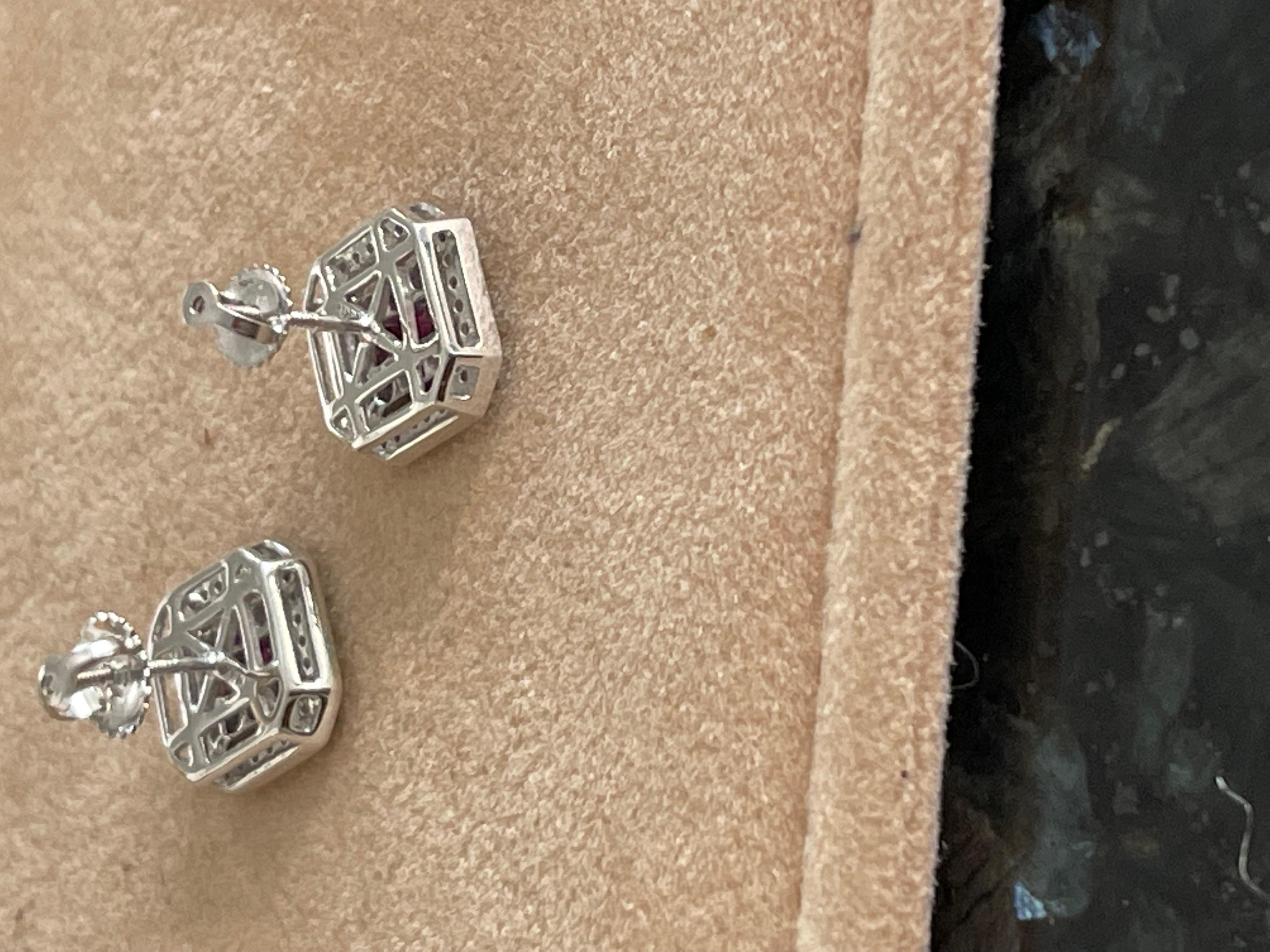 Princess Cut Natural Ruby and Diamond Stud Post Earrings 14 Karat White Gold For Sale 6