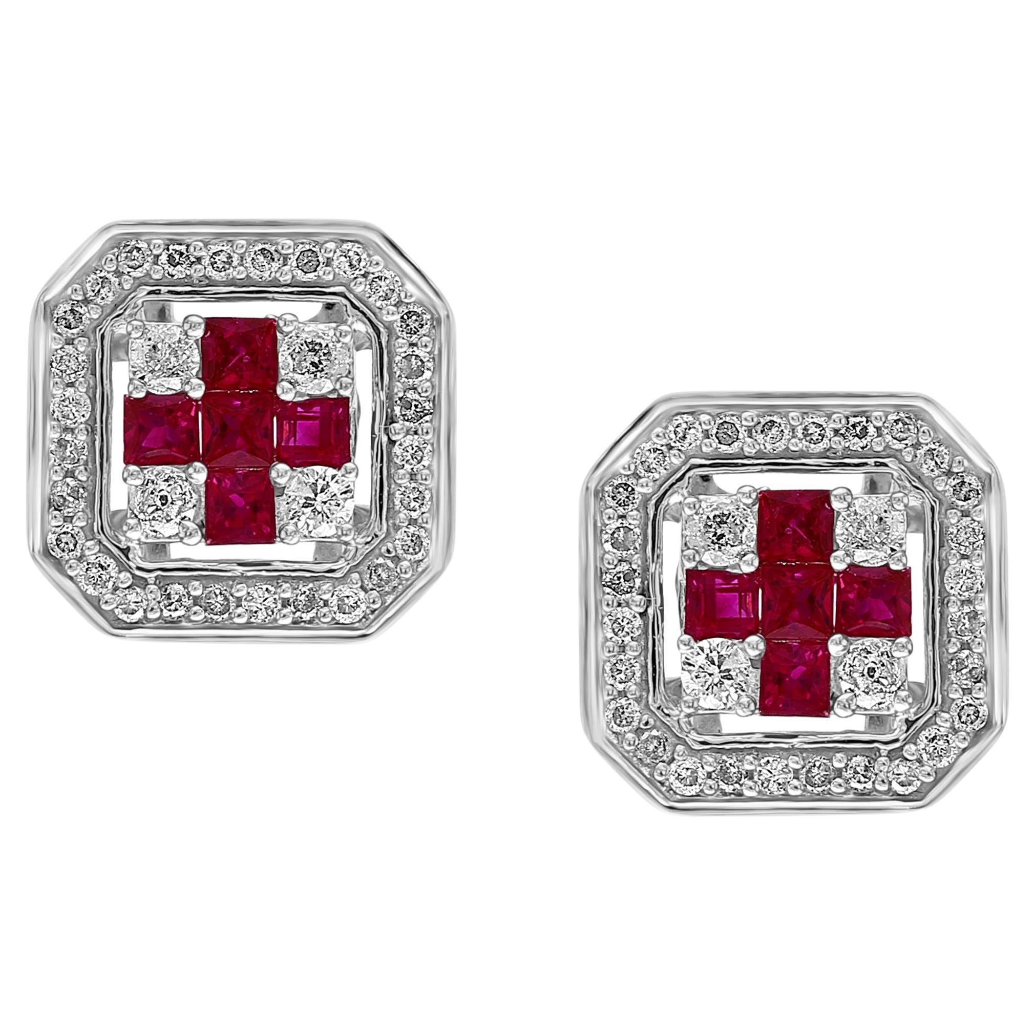 Princess Cut Natural Ruby and Diamond Stud Post Earrings 14 Karat White Gold For Sale