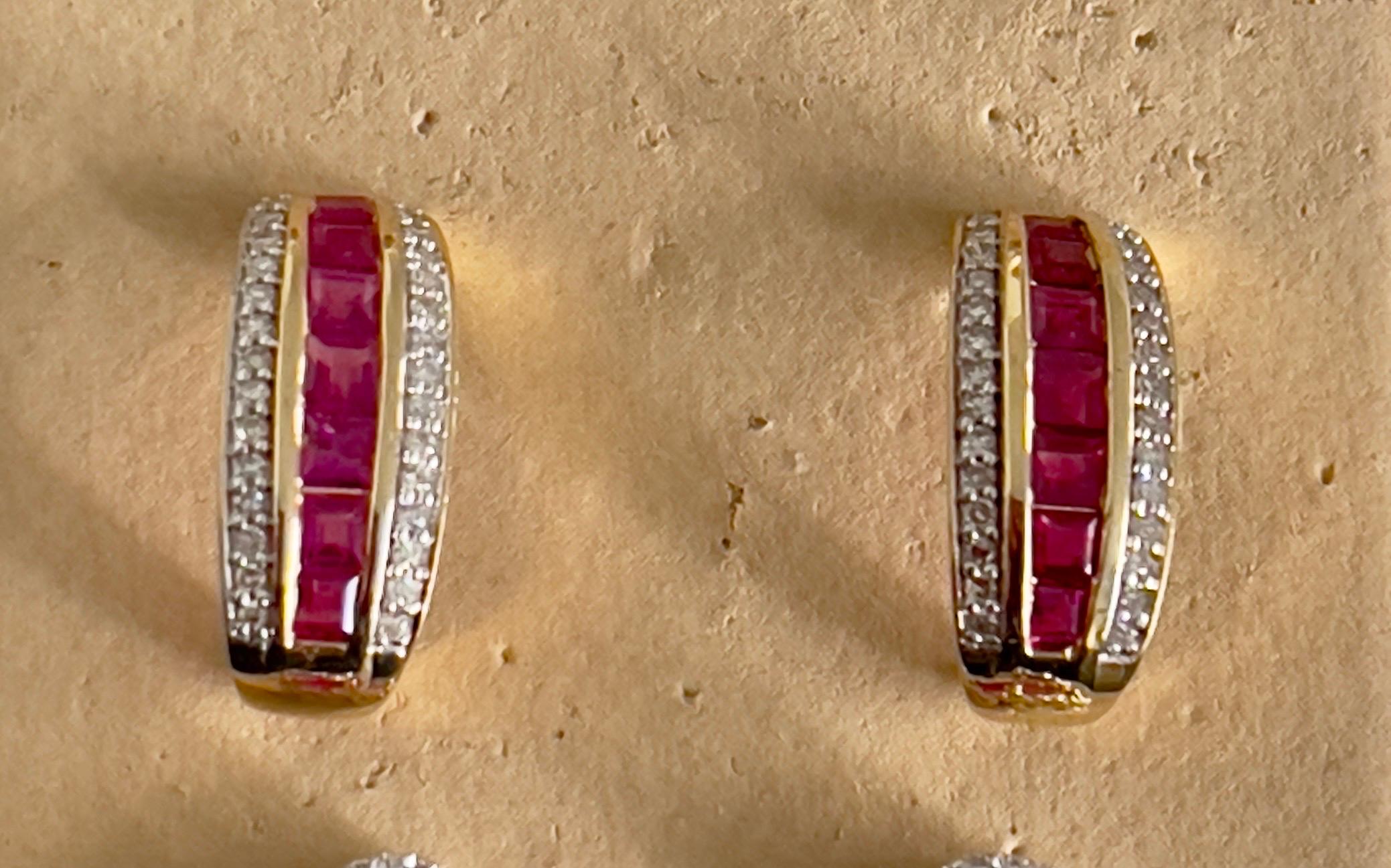 Princess Cut Natural Ruby and Diamond Stud Post Earrings 14 Karat Yellow Gold For Sale 5
