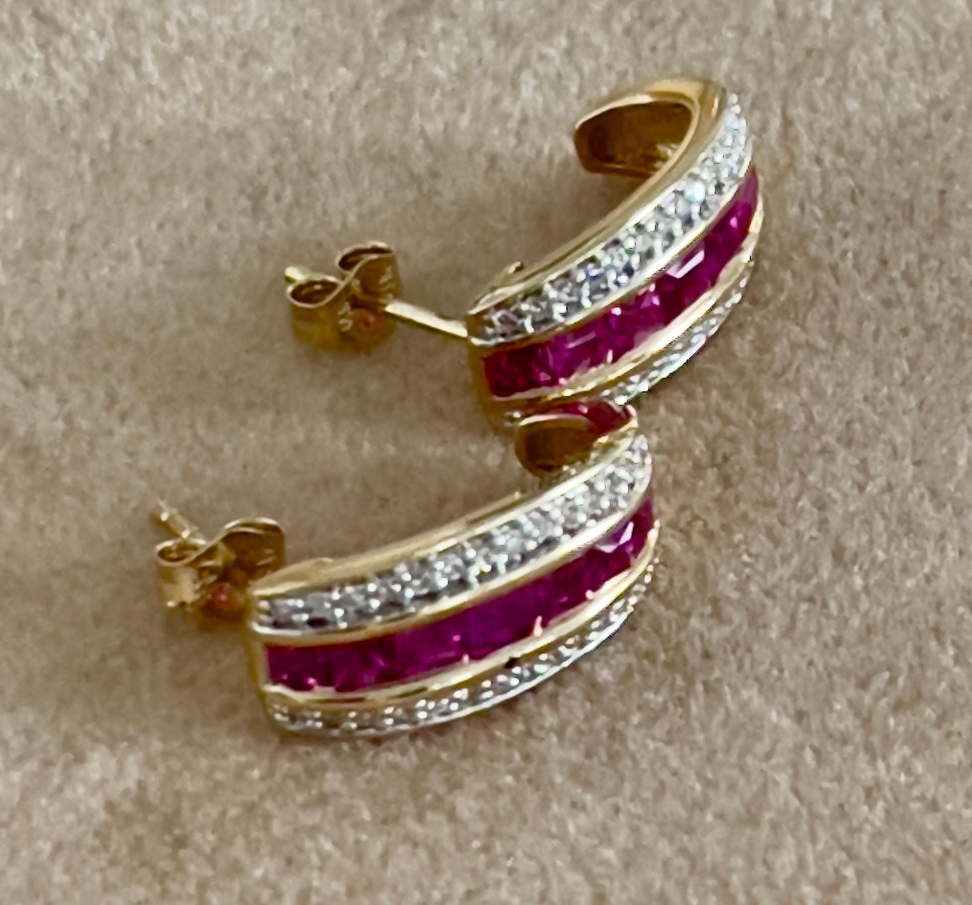 Women's Princess Cut Natural Ruby and Diamond Stud Post Earrings 14 Karat Yellow Gold For Sale