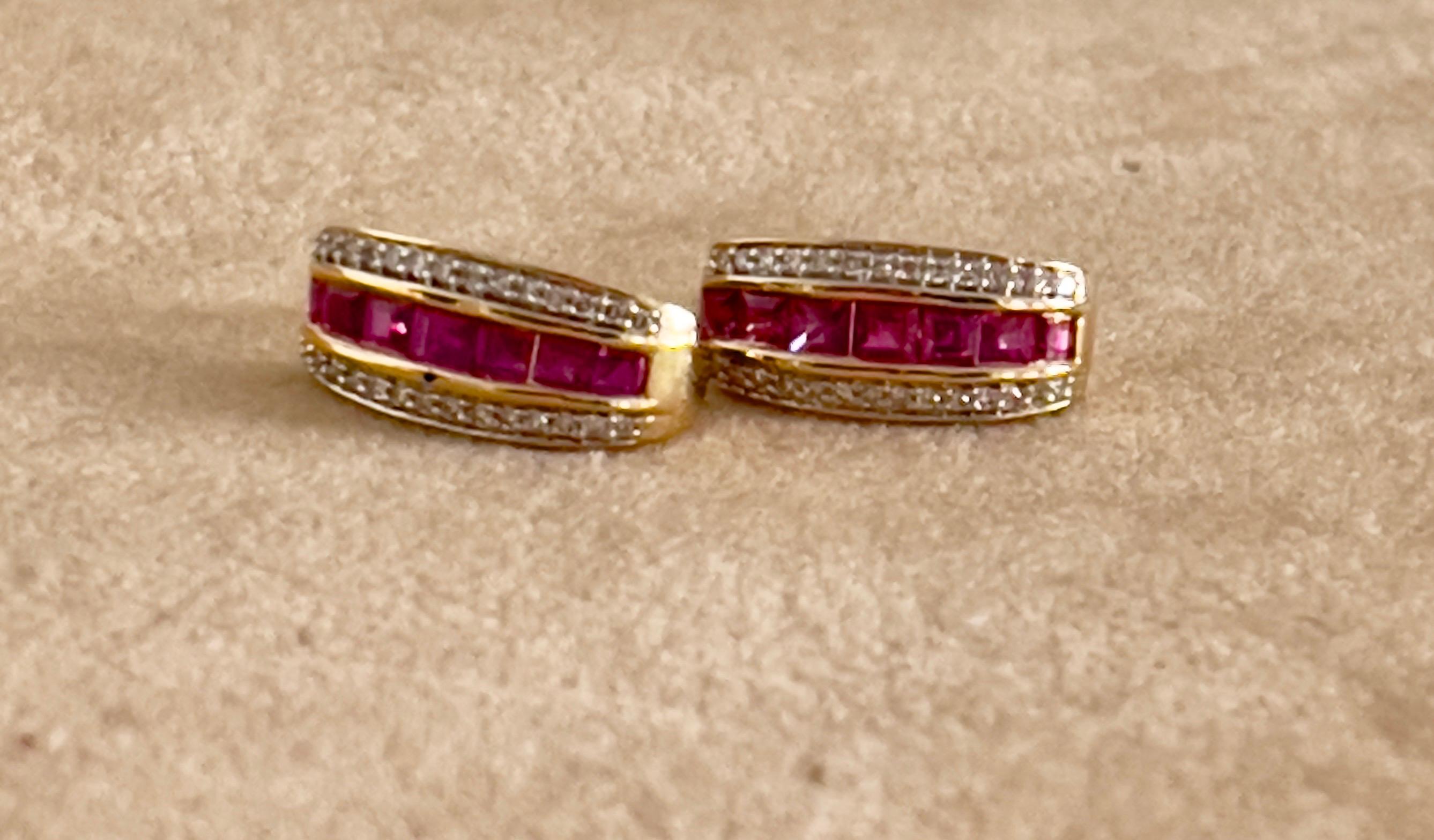 Princess Cut Natural Ruby and Diamond Stud Post Earrings 14 Karat Yellow Gold For Sale 1