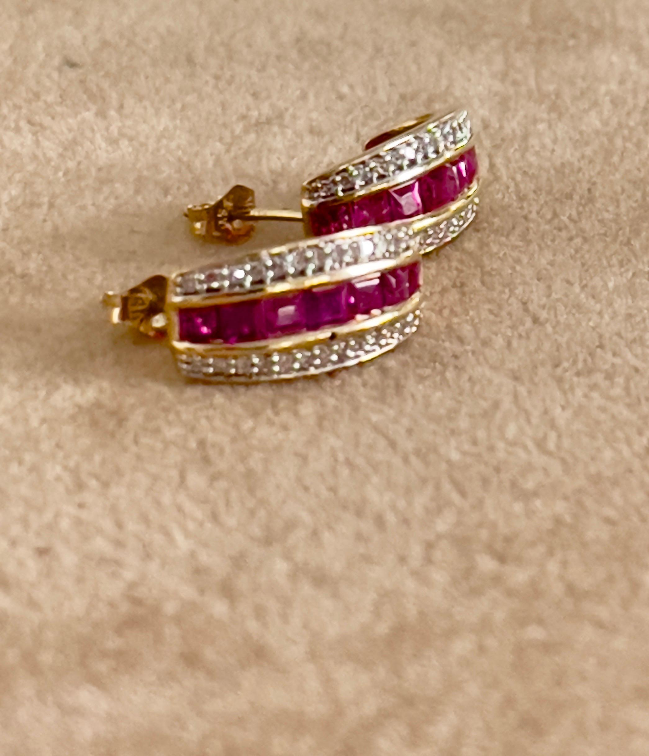 Princess Cut Natural Ruby and Diamond Stud Post Earrings 14 Karat Yellow Gold For Sale 2