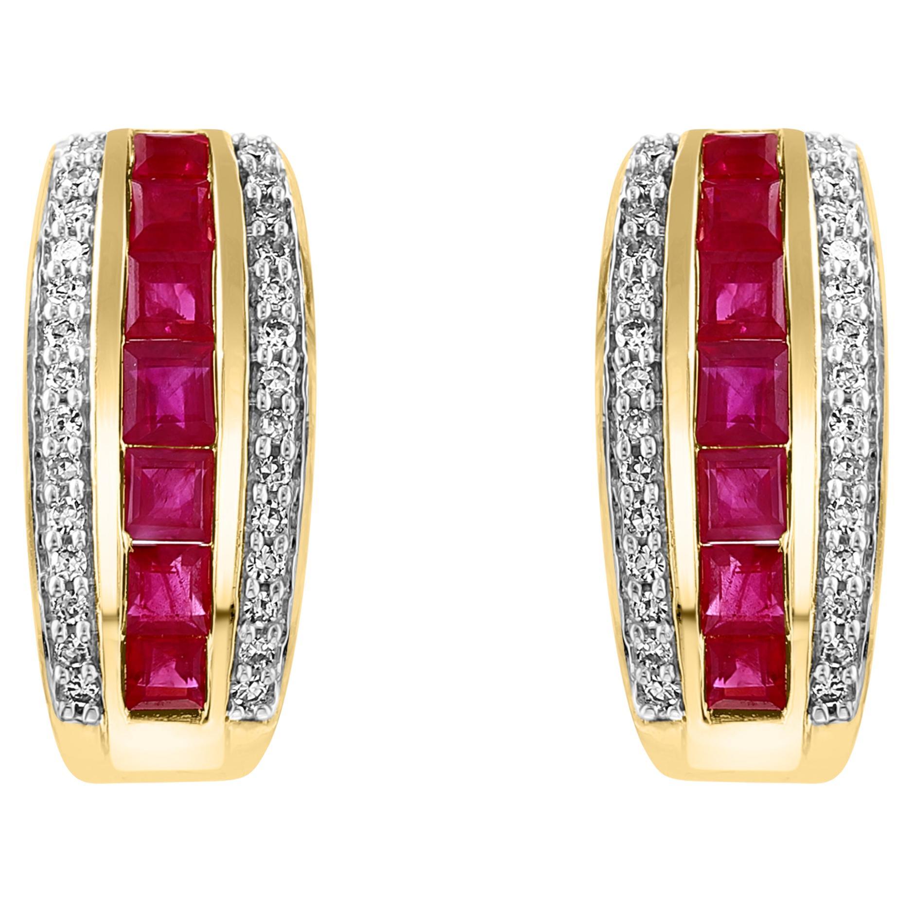 Princess Cut Natural Ruby and Diamond Stud Post Earrings 14 Karat Yellow Gold For Sale