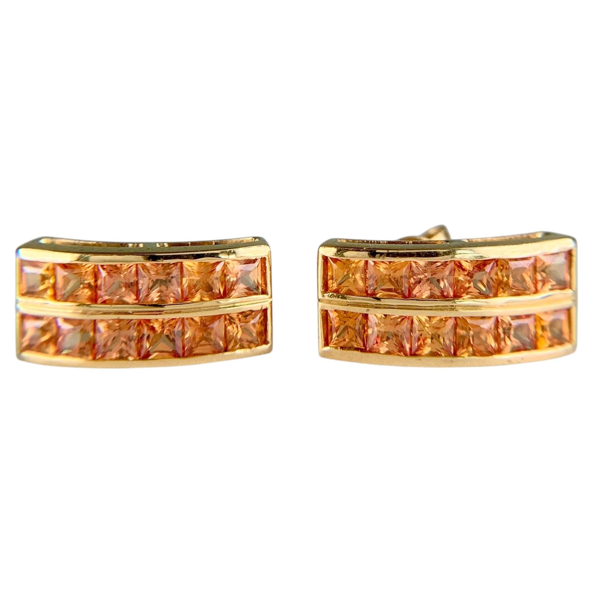 Princess Cut Orange Sapphire Earrings 18k Yellow Gold