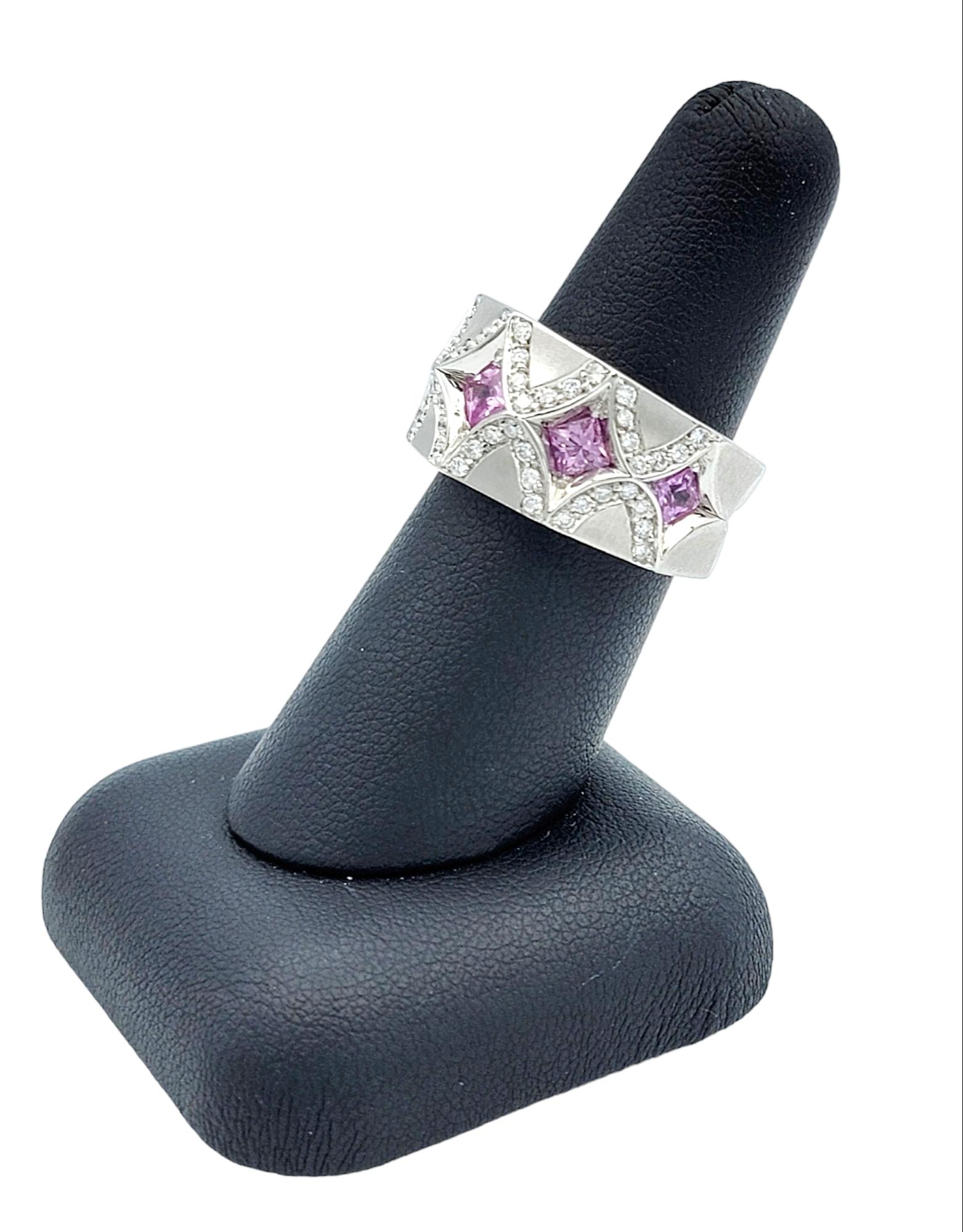 Princess-Cut Pink Sapphire and Diamond Band Ring in Brushed 18 Karat White Gold For Sale 4
