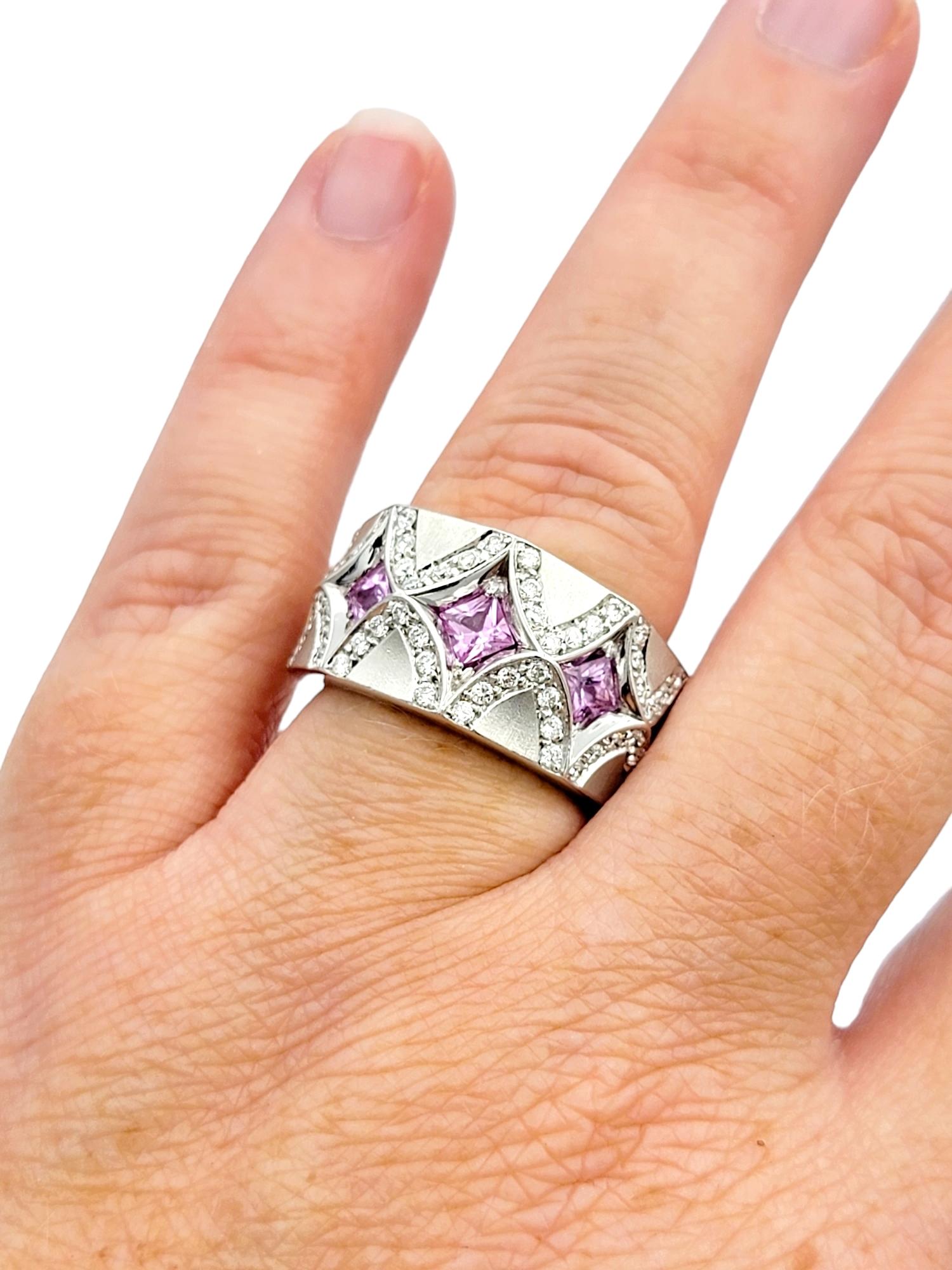 Princess-Cut Pink Sapphire and Diamond Band Ring in Brushed 18 Karat White Gold For Sale 5