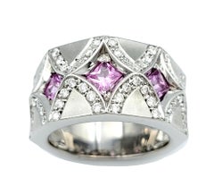 Princess Cut Pink Sapphire and Diamond Band Ring in Brushed 18 Karat White Gold