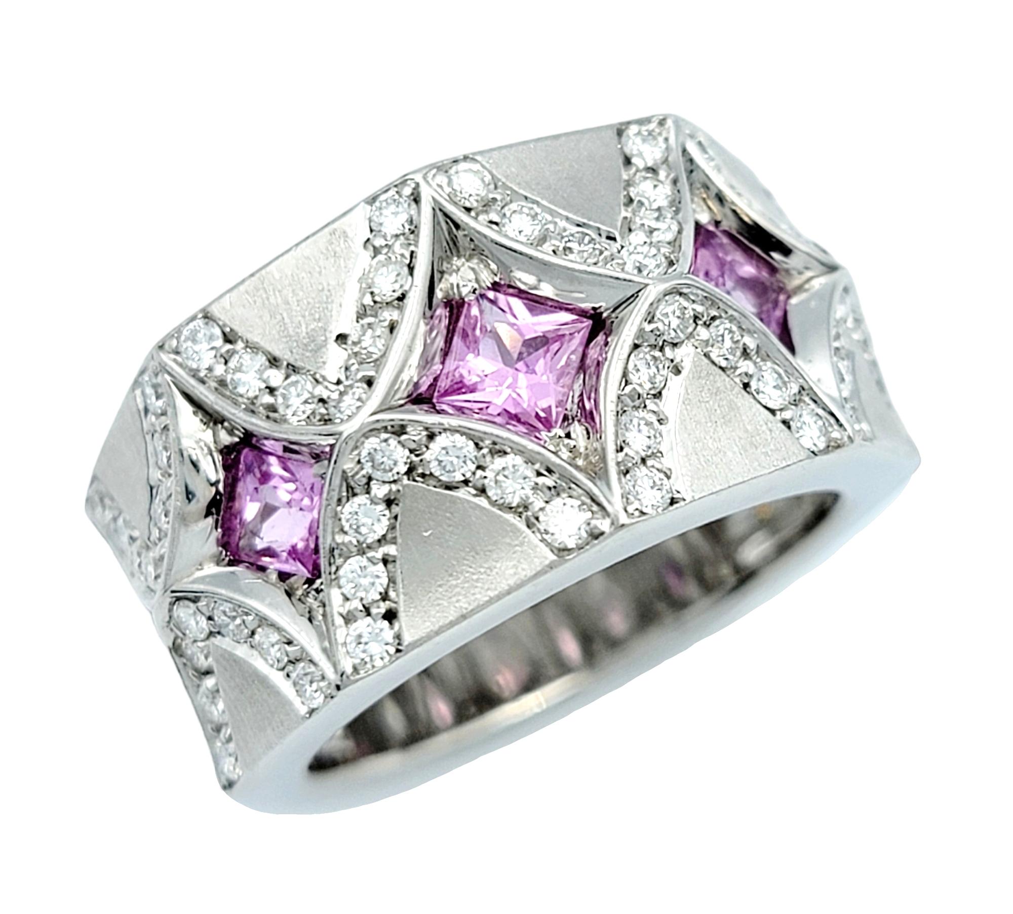 Contemporary Princess-Cut Pink Sapphire and Diamond Band Ring in Brushed 18 Karat White Gold For Sale