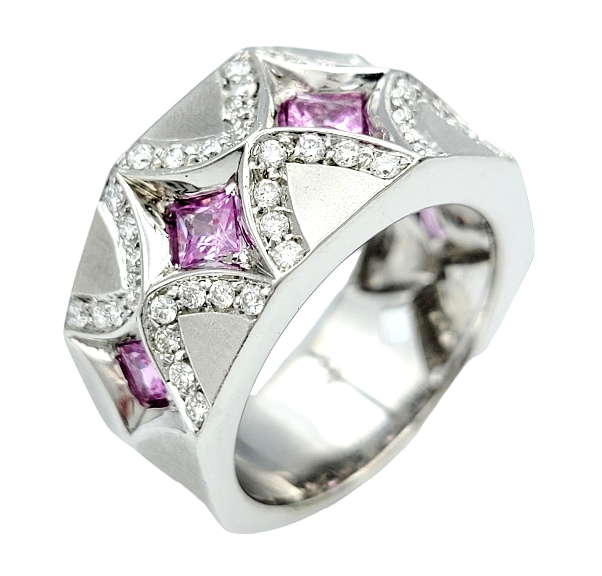 Princess Cut Princess-Cut Pink Sapphire and Diamond Band Ring in Brushed 18 Karat White Gold For Sale