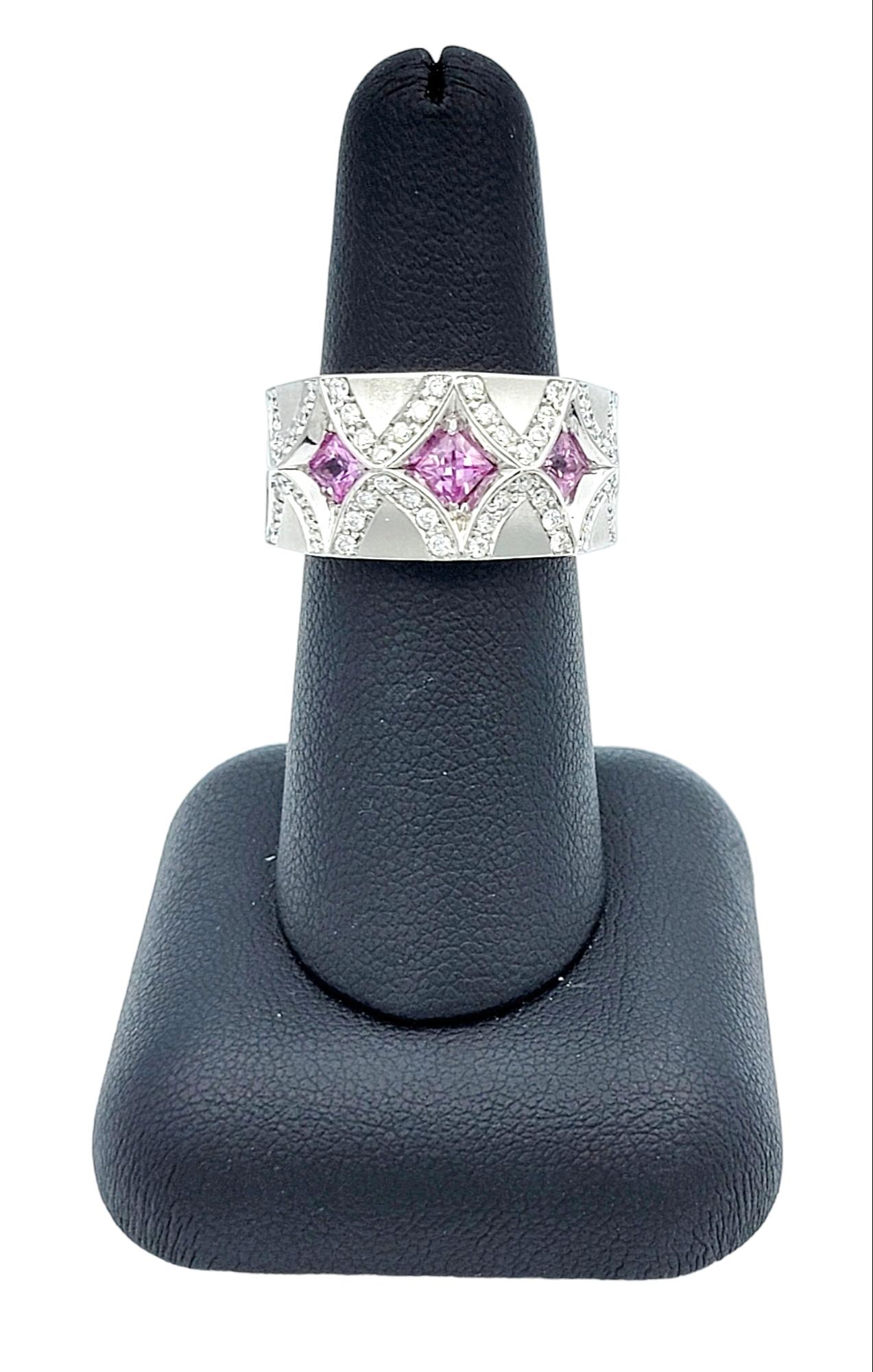 Princess-Cut Pink Sapphire and Diamond Band Ring in Brushed 18 Karat White Gold For Sale 3