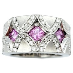 Princess-Cut Pink Sapphire and Diamond Band Ring in Brushed 18 Karat White Gold