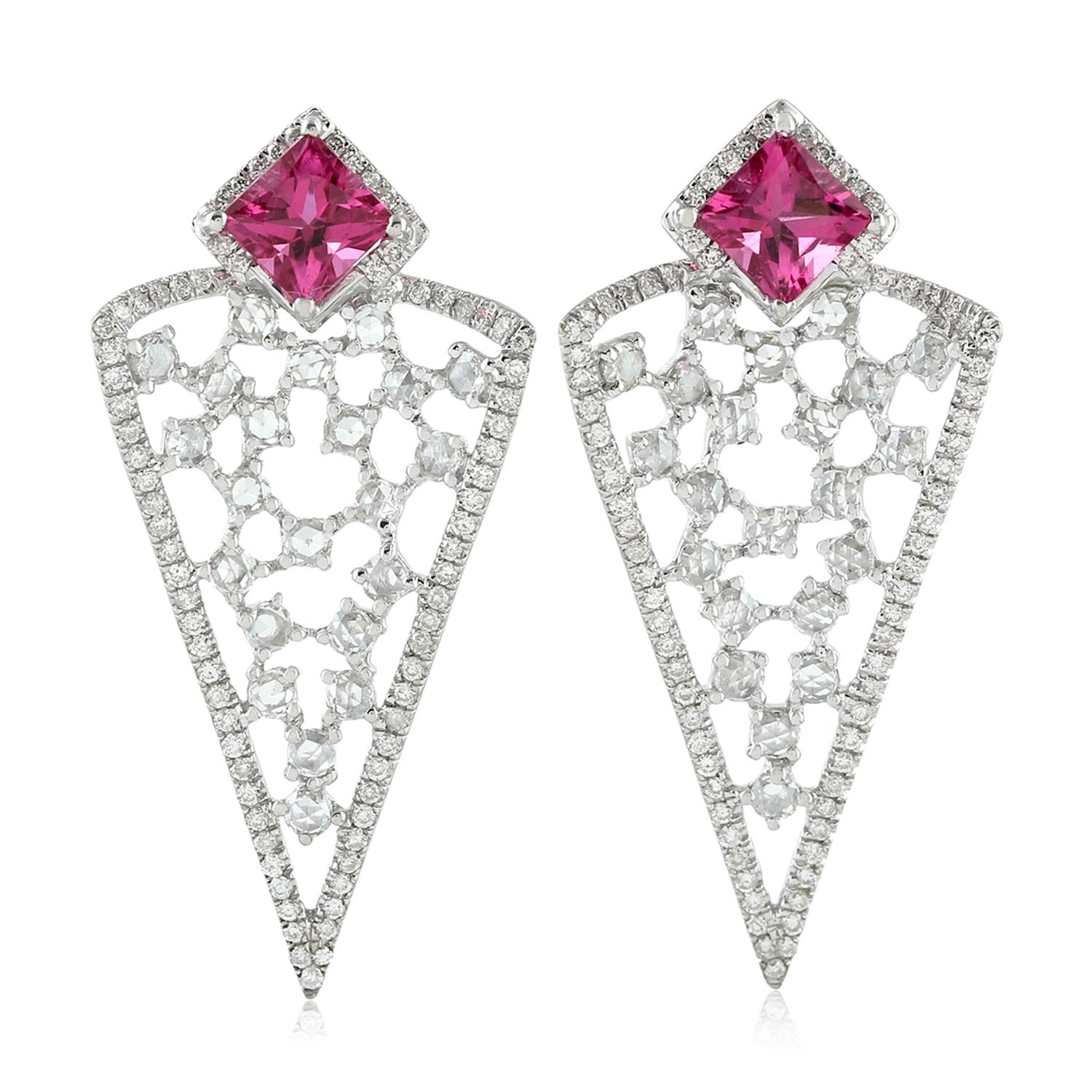 Modern Princess Cut Pink Tourmaline Arrow Shaped Earrings With Diamonds In 18k Gold For Sale