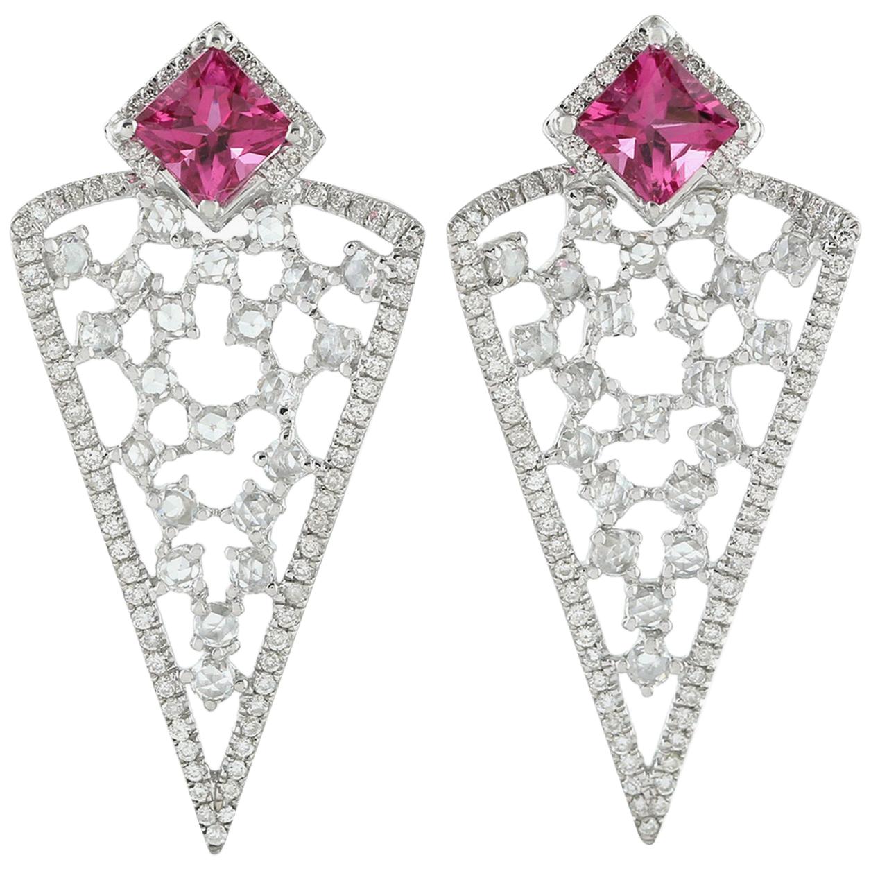 Princess Cut Pink Tourmaline Arrow Shaped Earrings With Diamonds In 18k Gold For Sale