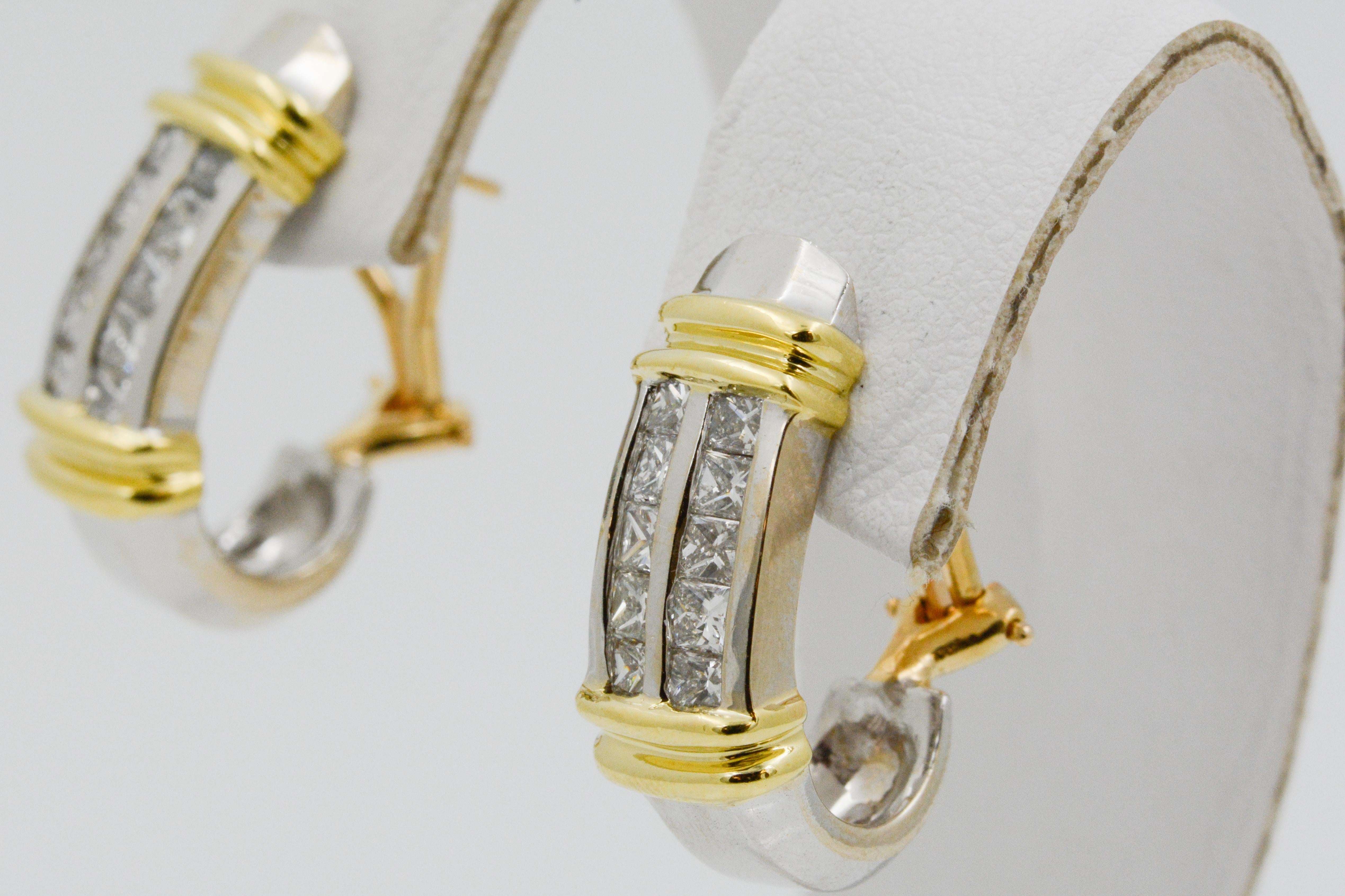 These unique small hoop platinum earrings, feature 20 channel set princess cut diamonds, weighing a total of 2.00 carats with G-H coloring and SI clarity. The diamonds are surrounded by bars of 18k yellow gold. These earrings have omega post backs. 