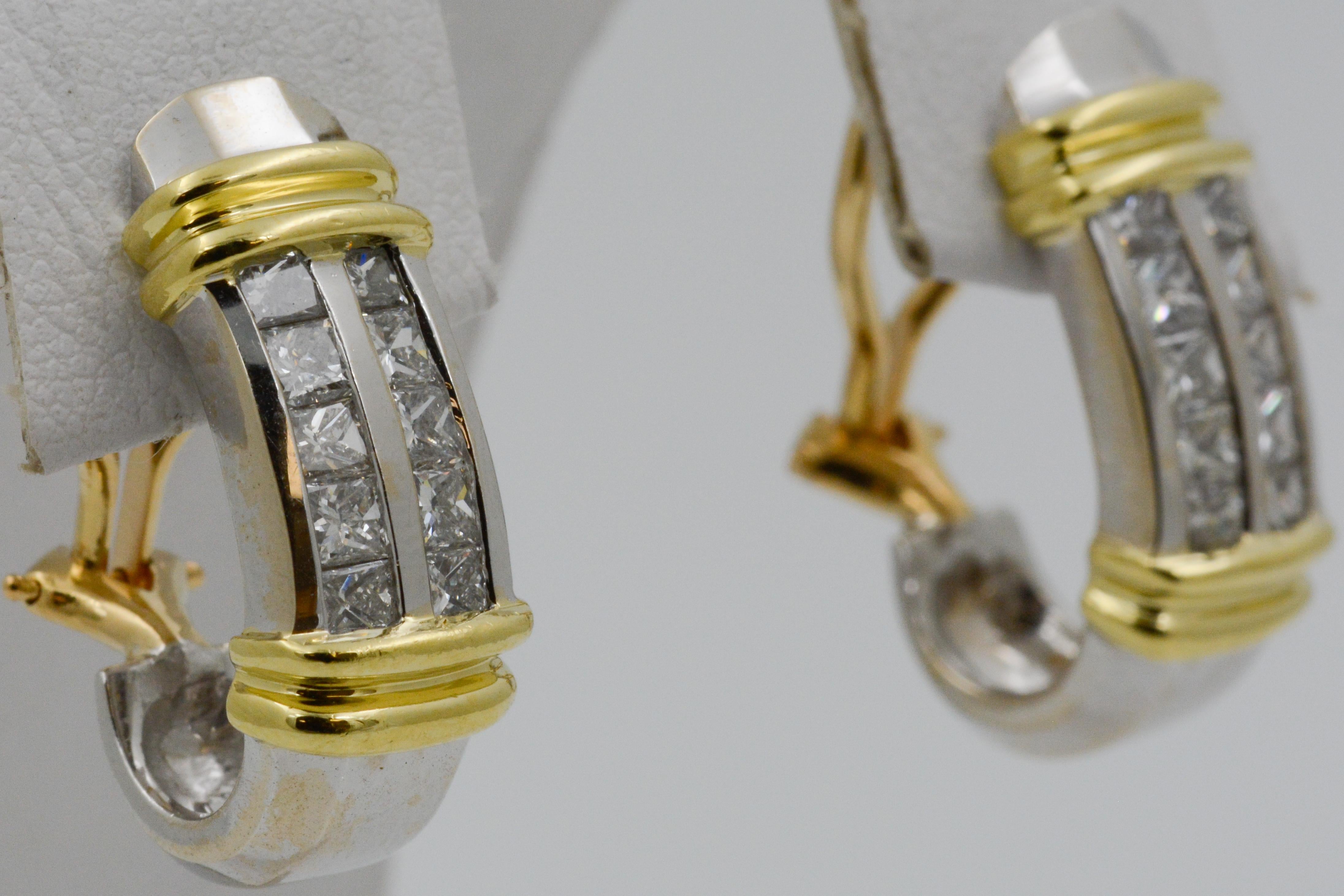 Princess Cut Platinum and 18 Karat Yellow Gold Earrings In Good Condition In Dallas, TX