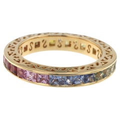 Princess Cut Rainbow Sapphire Band Ring in 18 Karat Gold