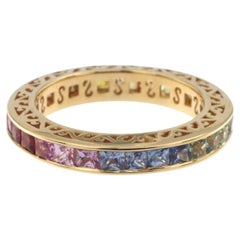 Princess Cut Rainbow Sapphire Band Ring in 18 Karat Yellow Gold
