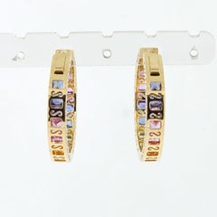 Princess Cut Rainbow Sapphire Hoop Earrings in 18 Karat Yellow Gold