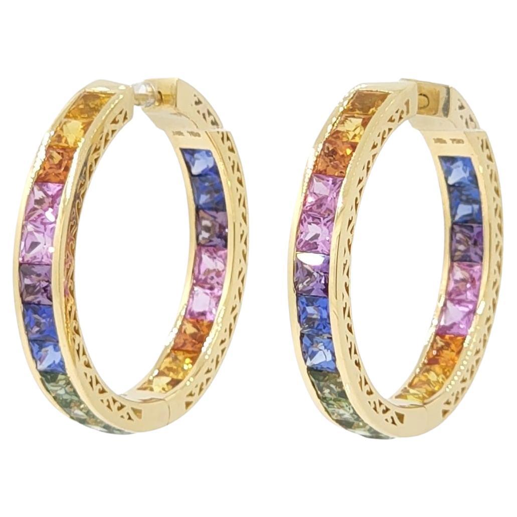Rainbow Sapphire Diamond Hoop Earrings in 14 Karat Yellow Gold For Sale