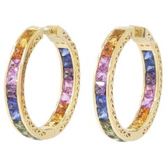 Princess Cut Rainbow Sapphire Hoop Earrings in 18 Karat Yellow Gold