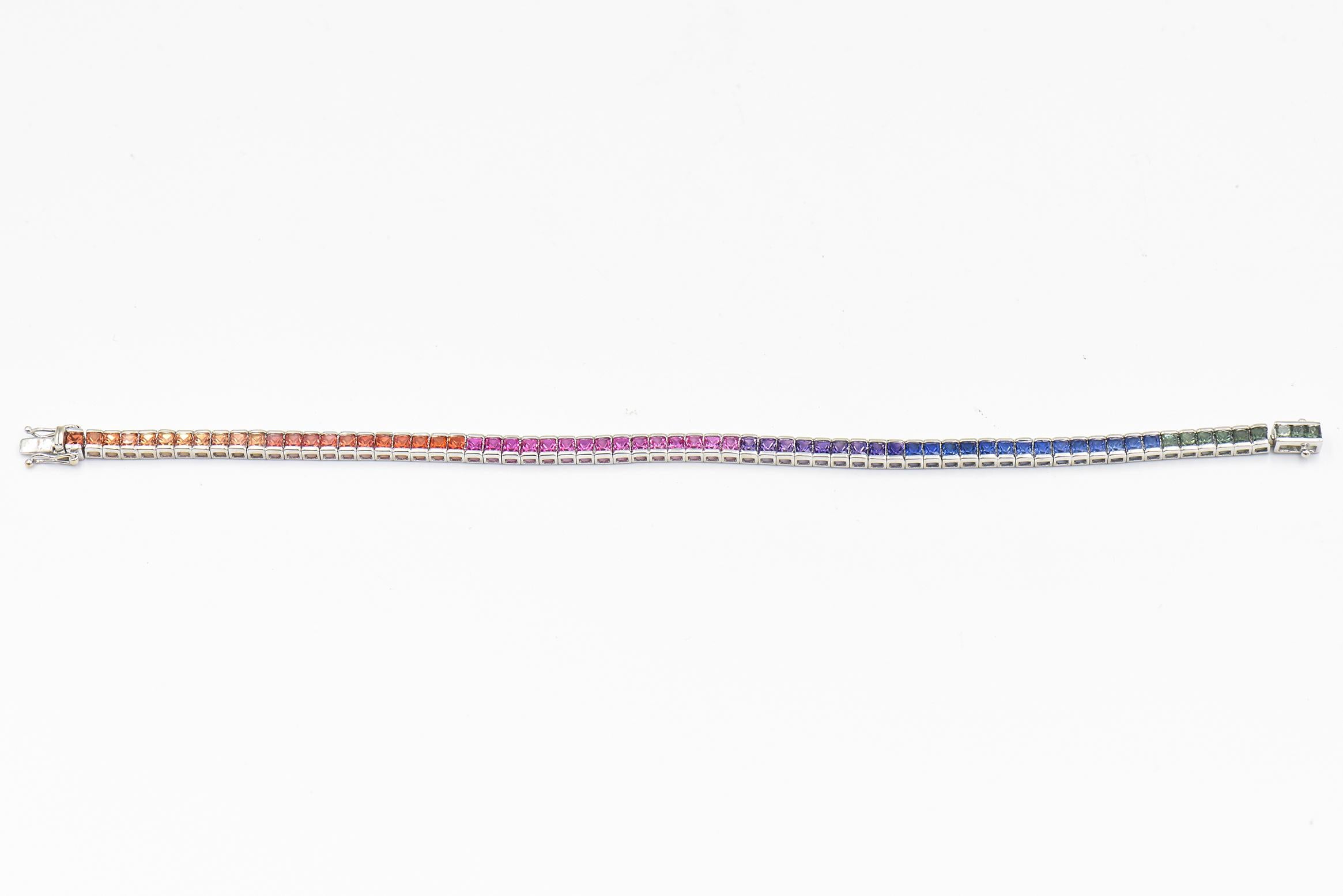 Princess-Cut Rainbow Sapphire White Gold Tennis Bracelet  For Sale 6