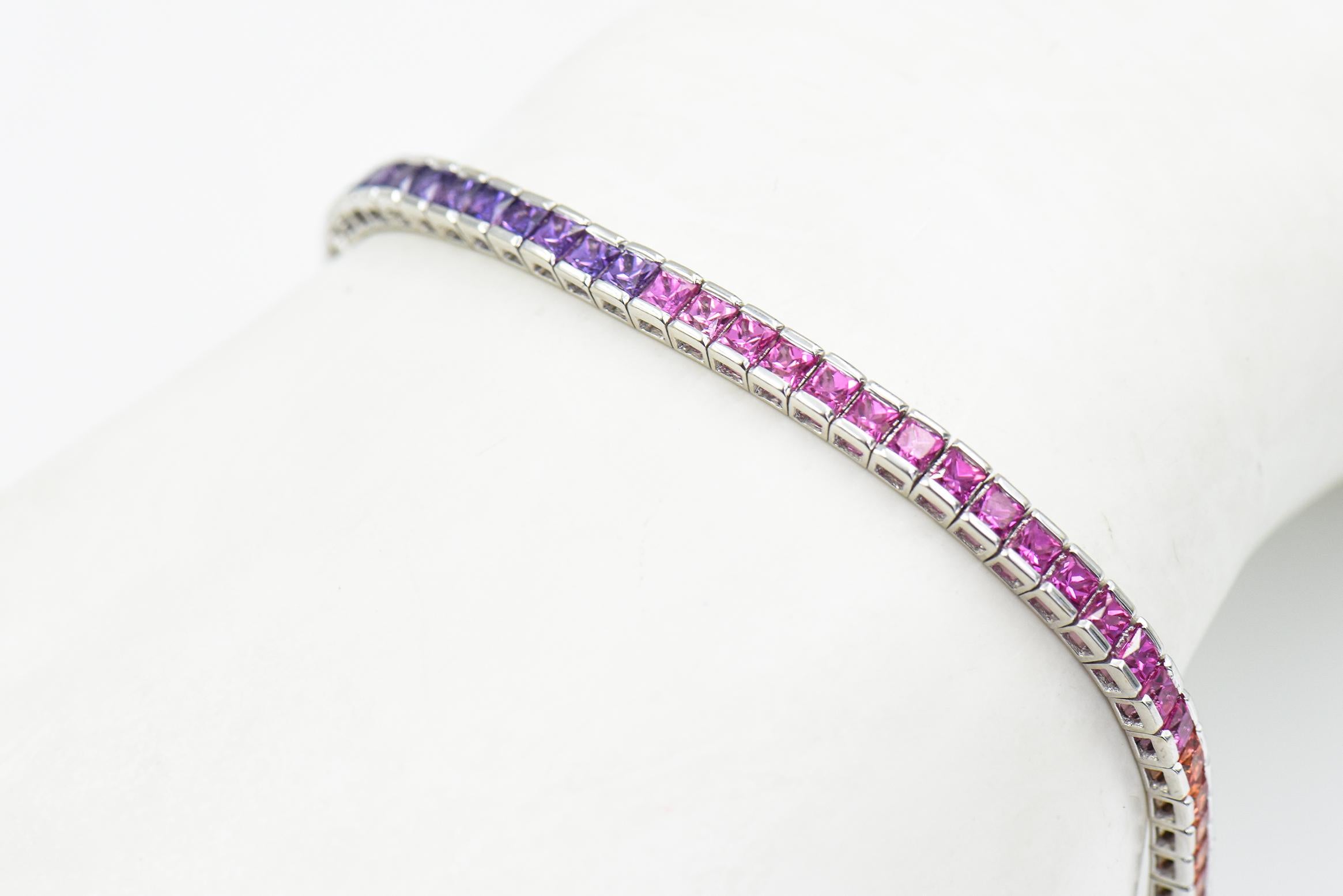 Princess-Cut Rainbow Sapphire White Gold Tennis Bracelet  For Sale 8