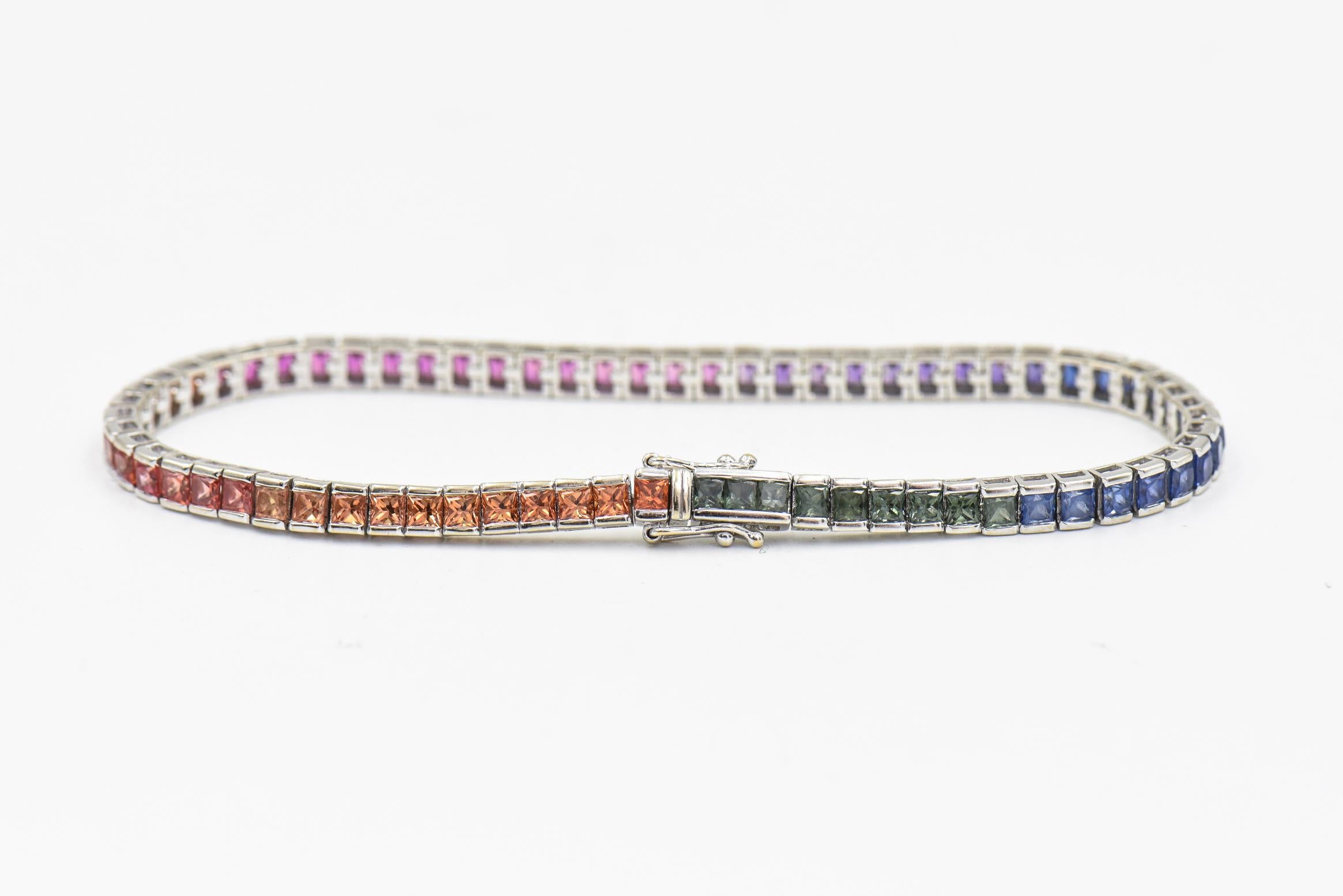 Princess Cut Princess-Cut Rainbow Sapphire White Gold Tennis Bracelet  For Sale