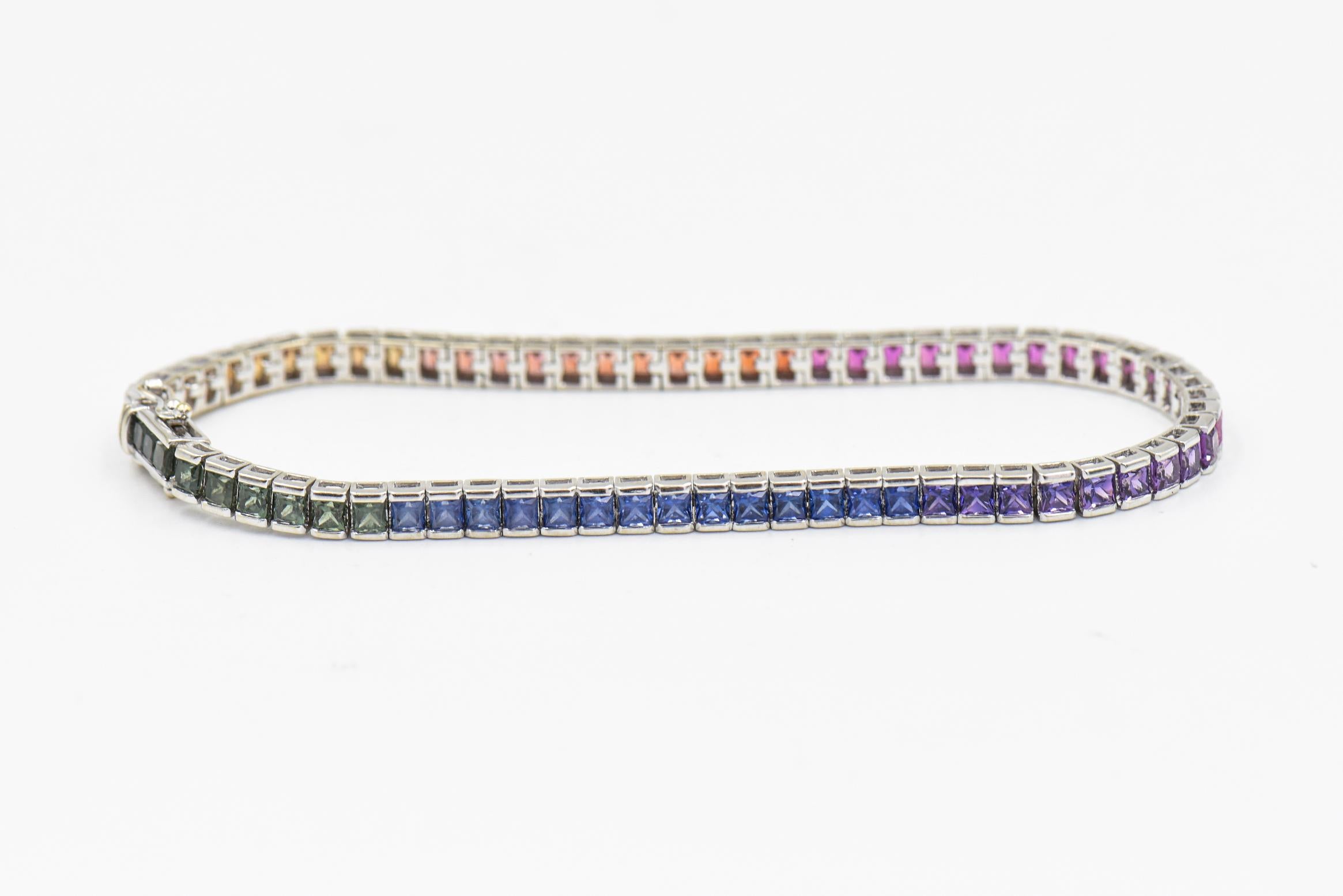 Princess-Cut Rainbow Sapphire White Gold Tennis Bracelet  In Good Condition For Sale In Miami Beach, FL