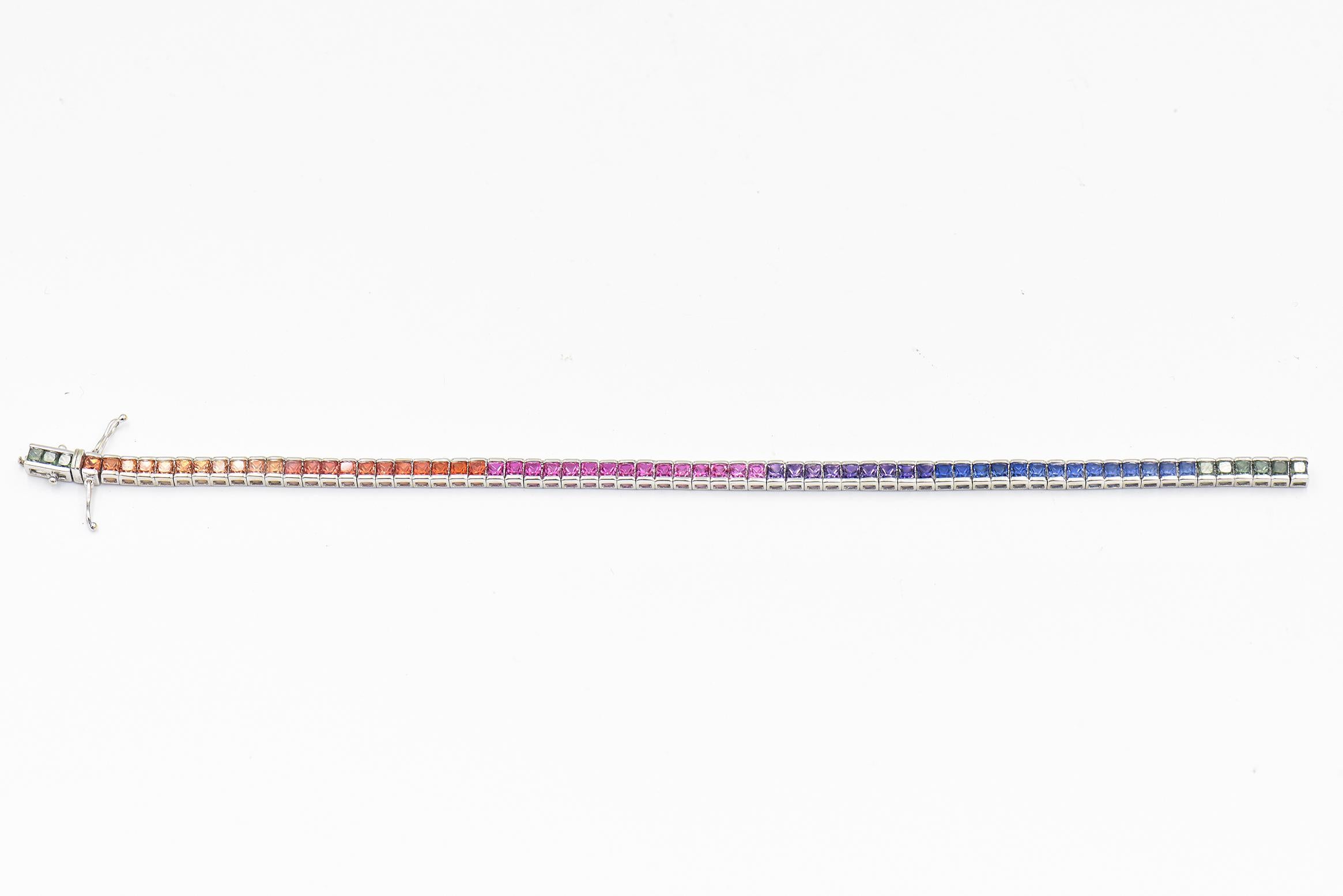 Women's Princess-Cut Rainbow Sapphire White Gold Tennis Bracelet  For Sale