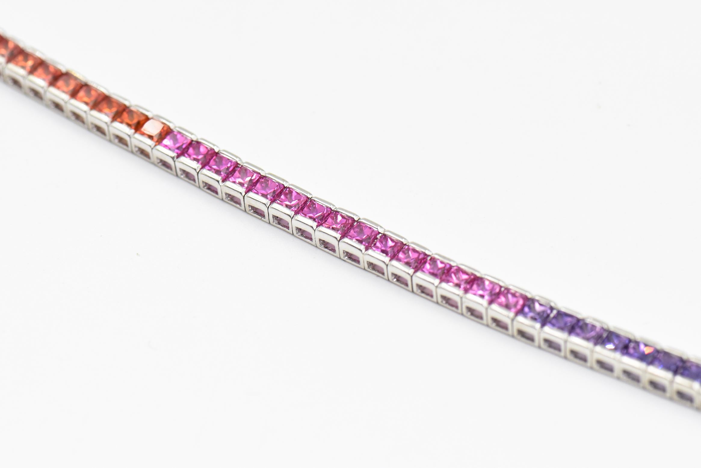 Princess-Cut Rainbow Sapphire White Gold Tennis Bracelet  For Sale 1