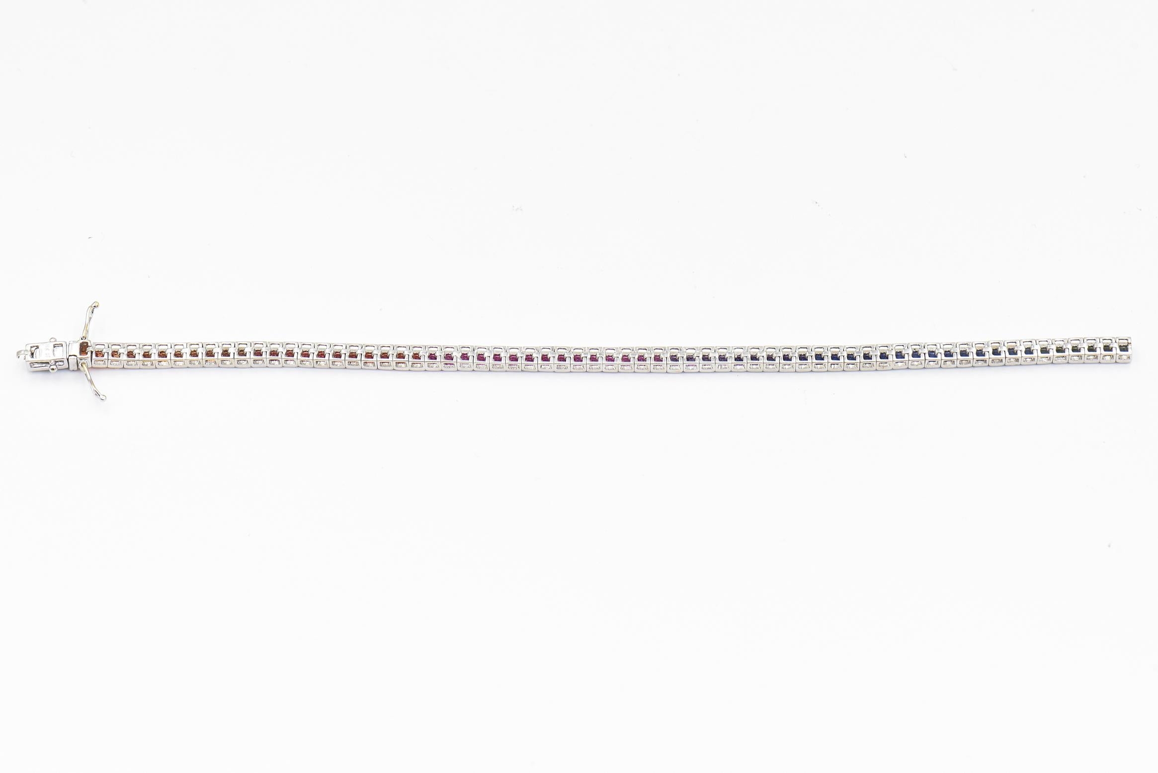 Princess-Cut Rainbow Sapphire White Gold Tennis Bracelet  For Sale 2