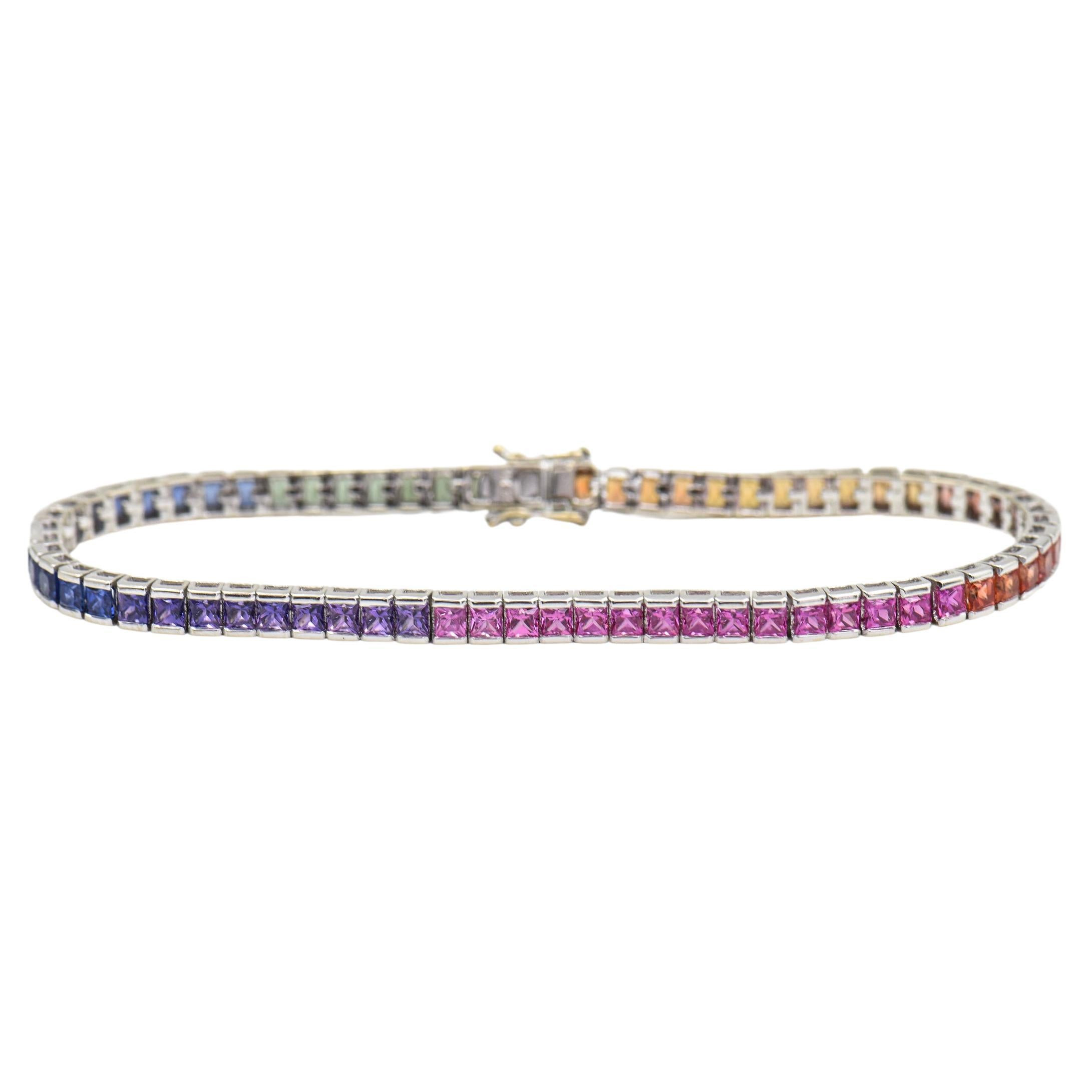 Princess-Cut Rainbow Sapphire White Gold Tennis Bracelet  For Sale