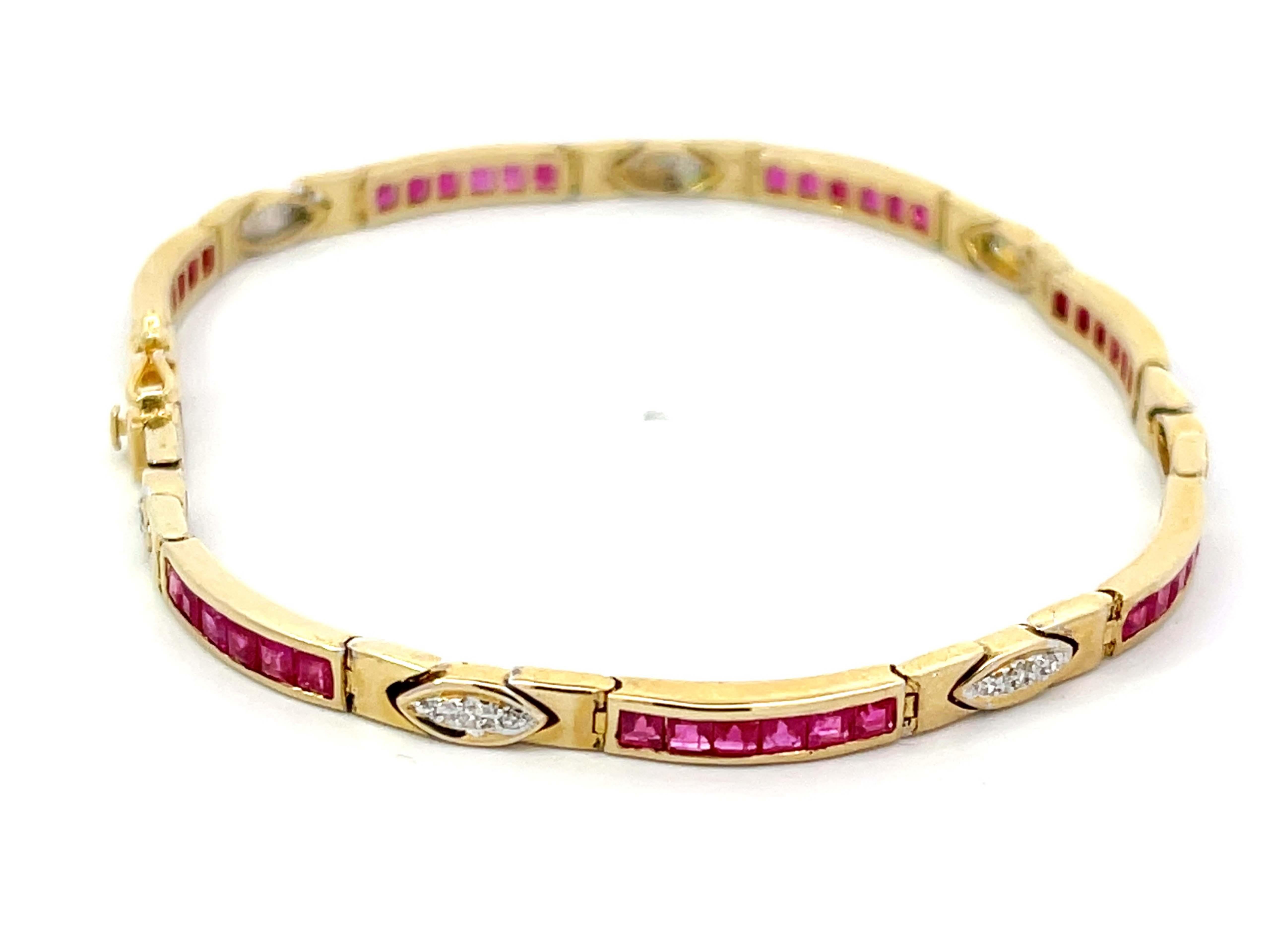 Modern Princess Cut Red Ruby and Diamond Link Bracelet in 14k Yellow Gold For Sale