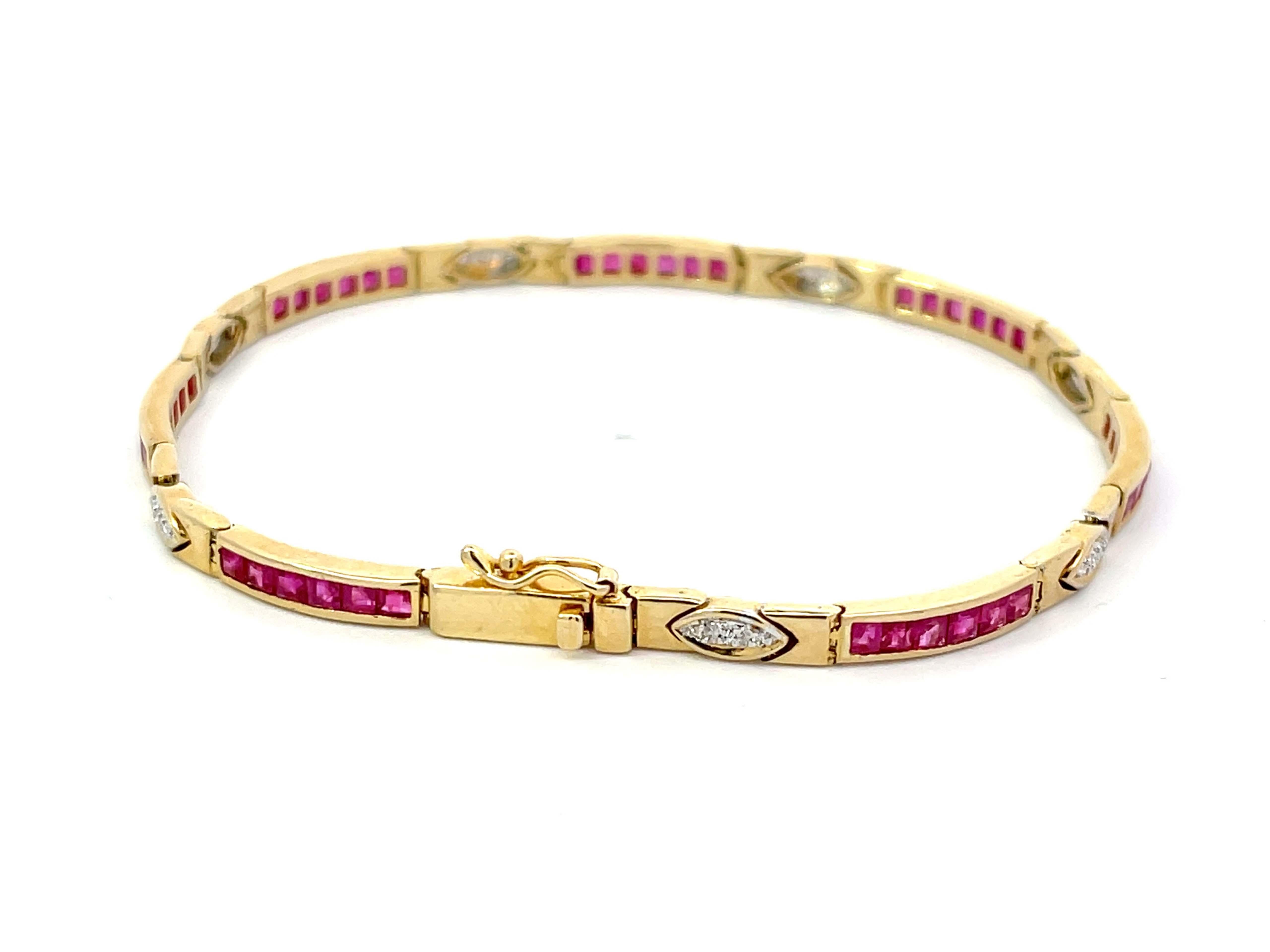 Women's Princess Cut Red Ruby and Diamond Link Bracelet in 14k Yellow Gold For Sale