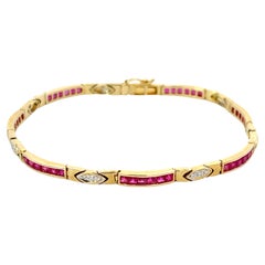 Vintage Princess Cut Red Ruby and Diamond Link Bracelet in 14k Yellow Gold