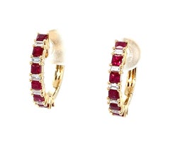 Princess Cut Ruby and Diamond Baguette Hoop Earrings in 18k Yellow Gold