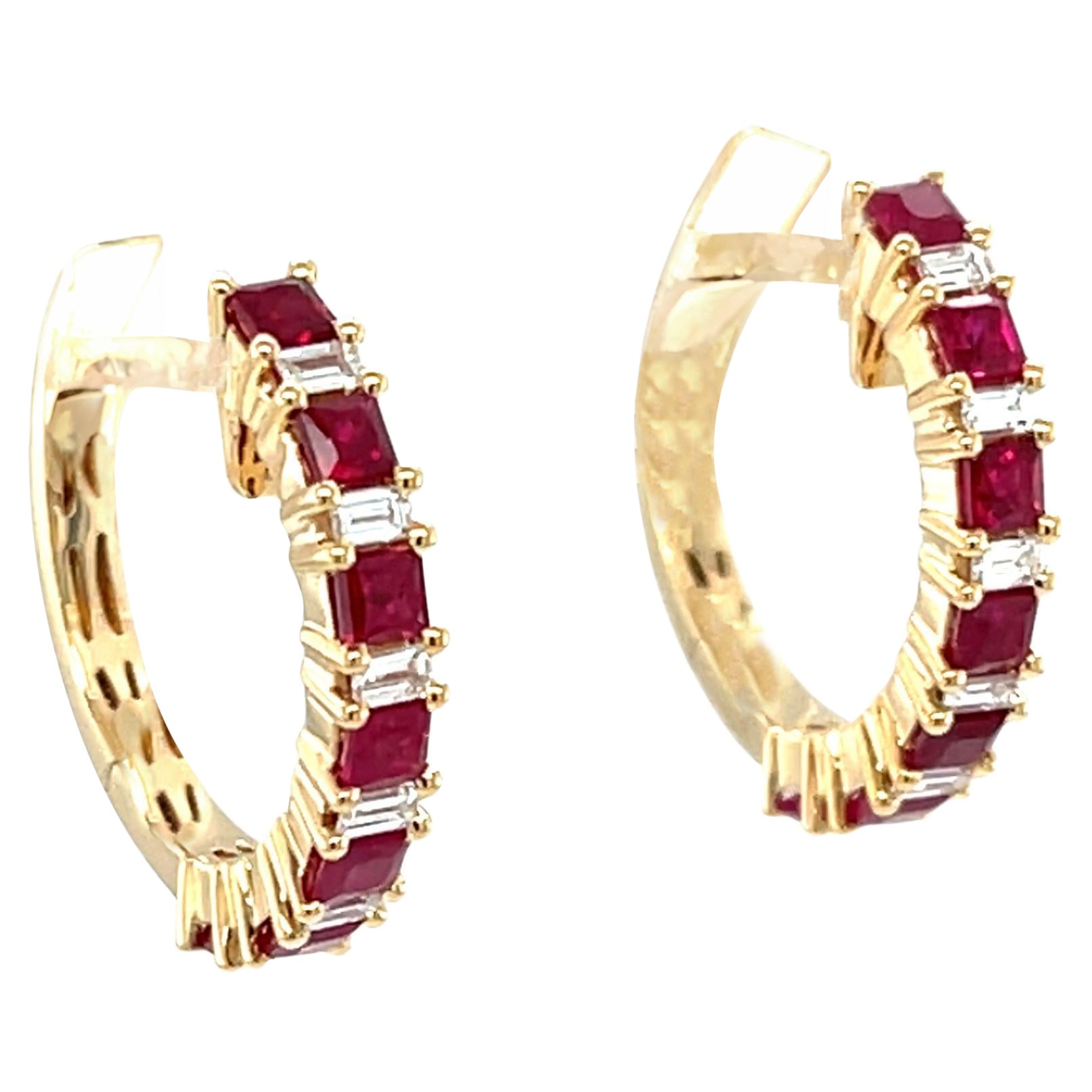 Princess Cut Ruby and Diamond Baguette Hoop Earrings in 18k Yellow Gold