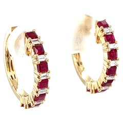 Princess Cut Ruby and Diamond Baguette Hoop Earrings in 18k Yellow Gold