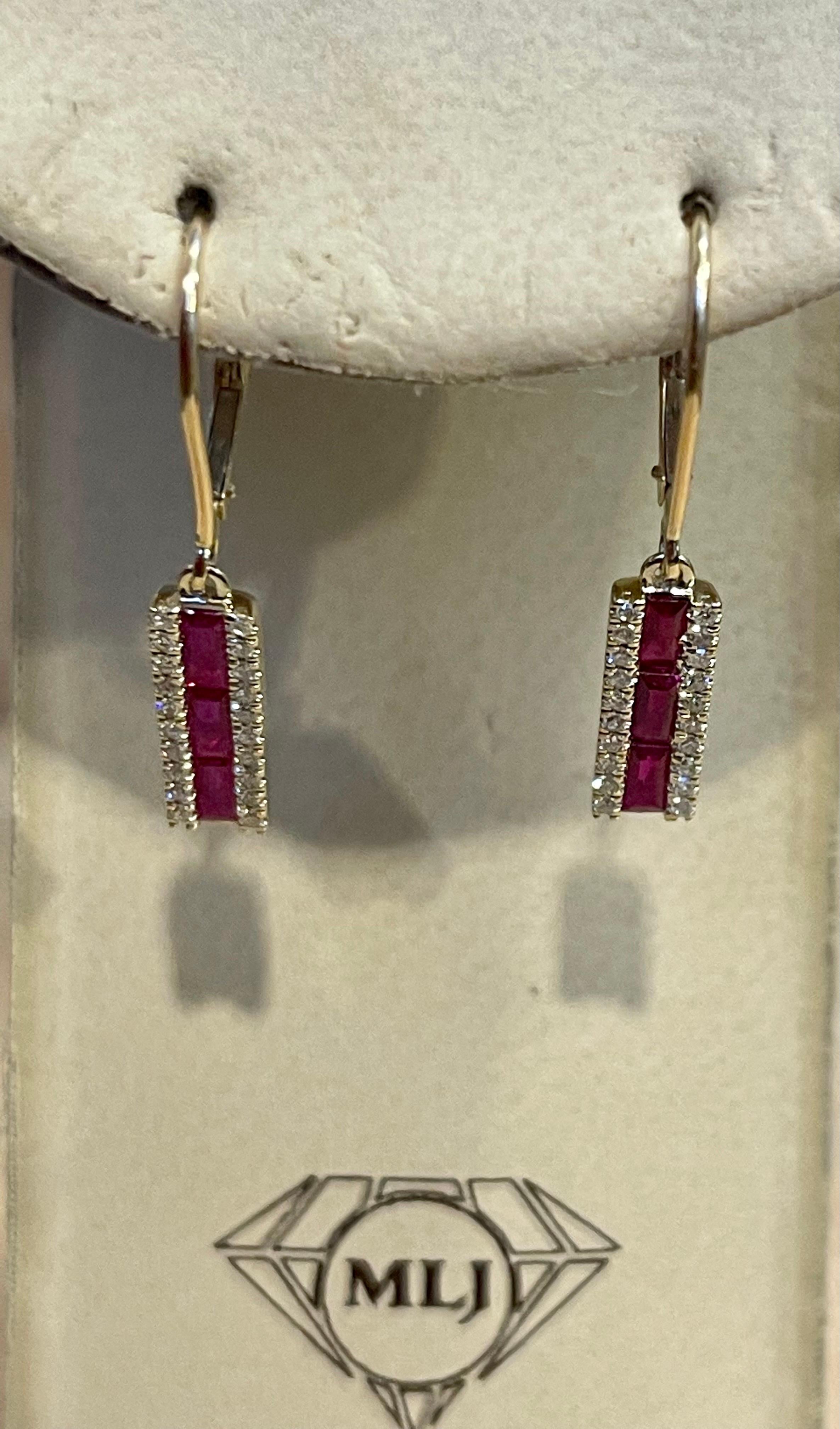 Princess Cut Ruby & Diamond 14 Karat Yellow Gold Dangling Earring In Excellent Condition In New York, NY